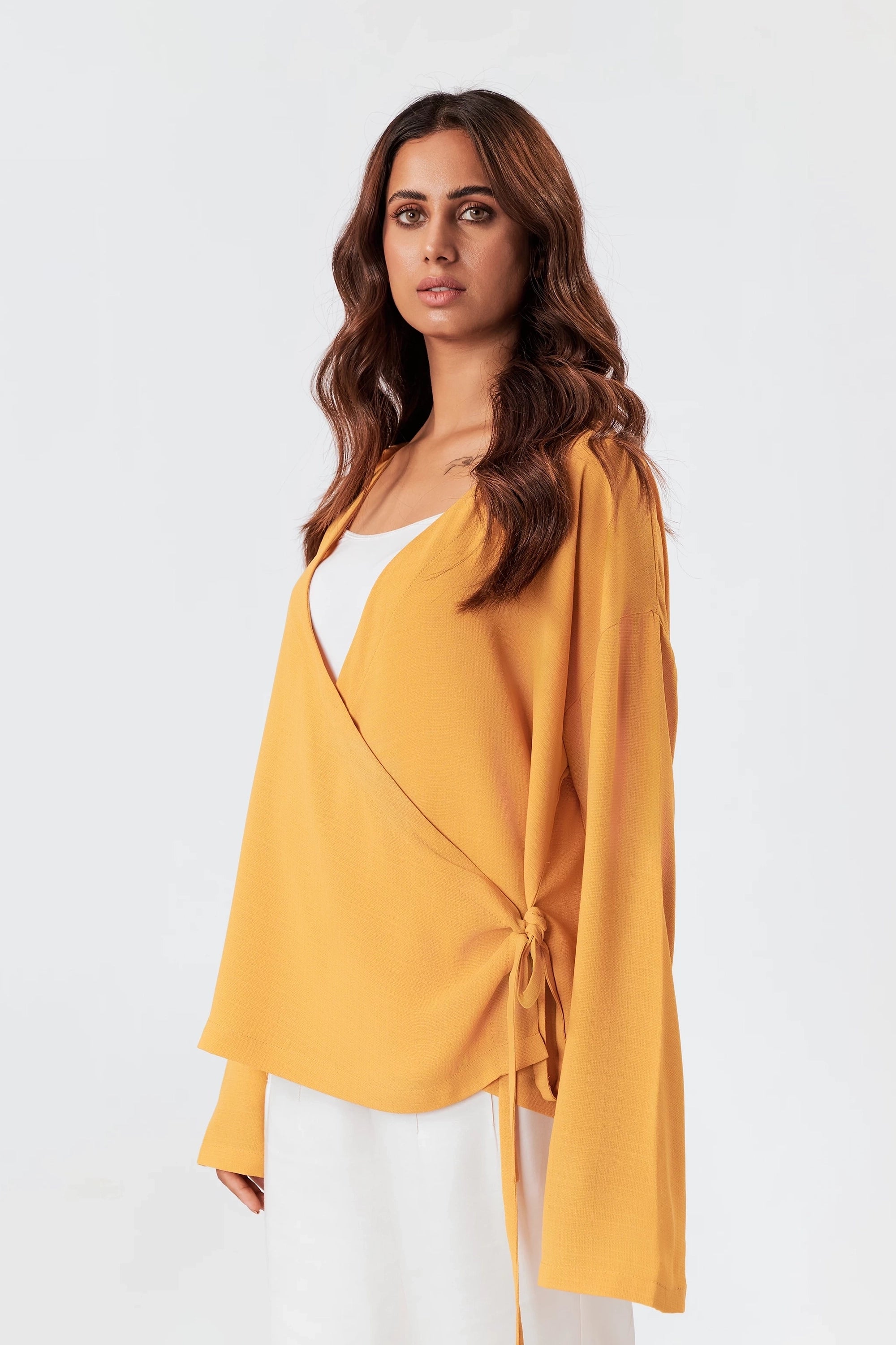 Women's Tie Waist Wrap Kimono Top Mustard