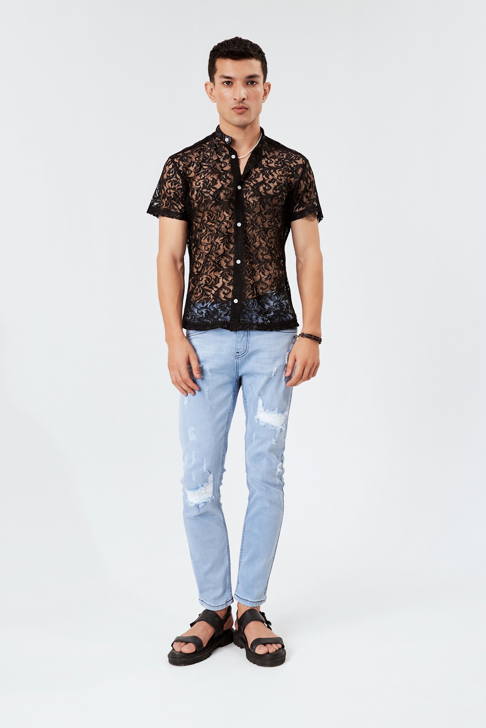 Men's Semi-Sheer Floral Shirt Black