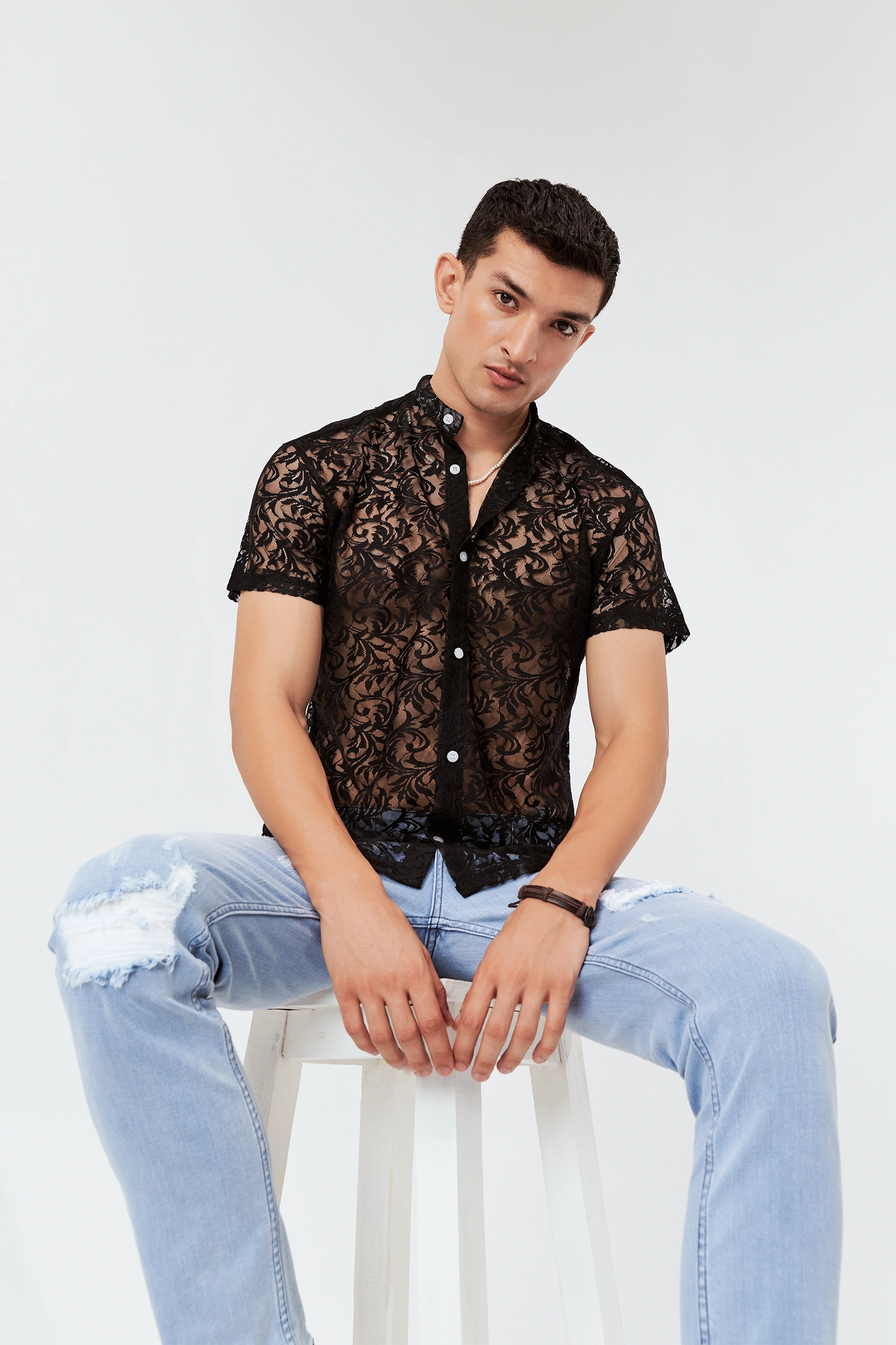 Men's Semi-Sheer Floral Shirt Black