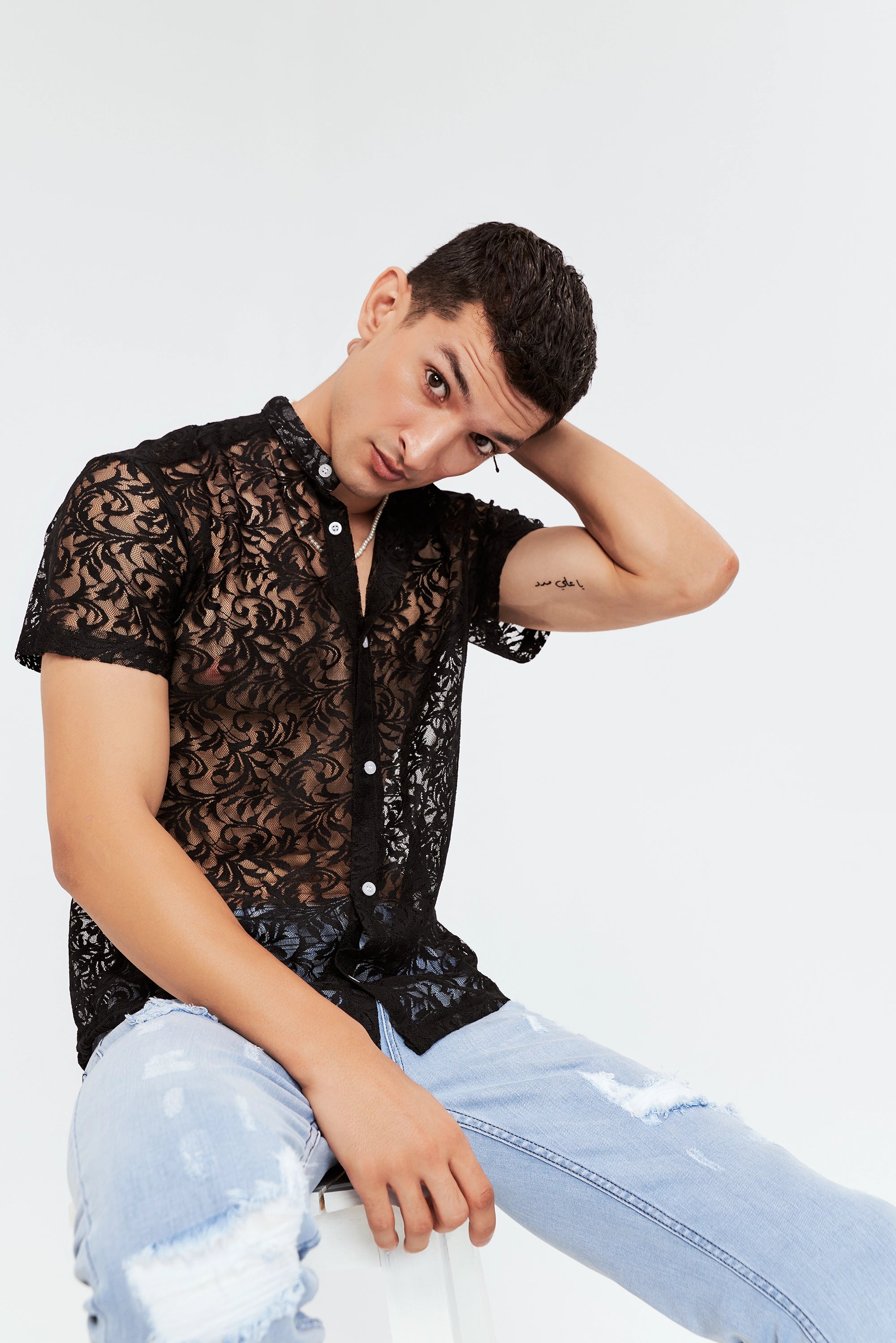 Men's Semi-Sheer Floral Shirt Black