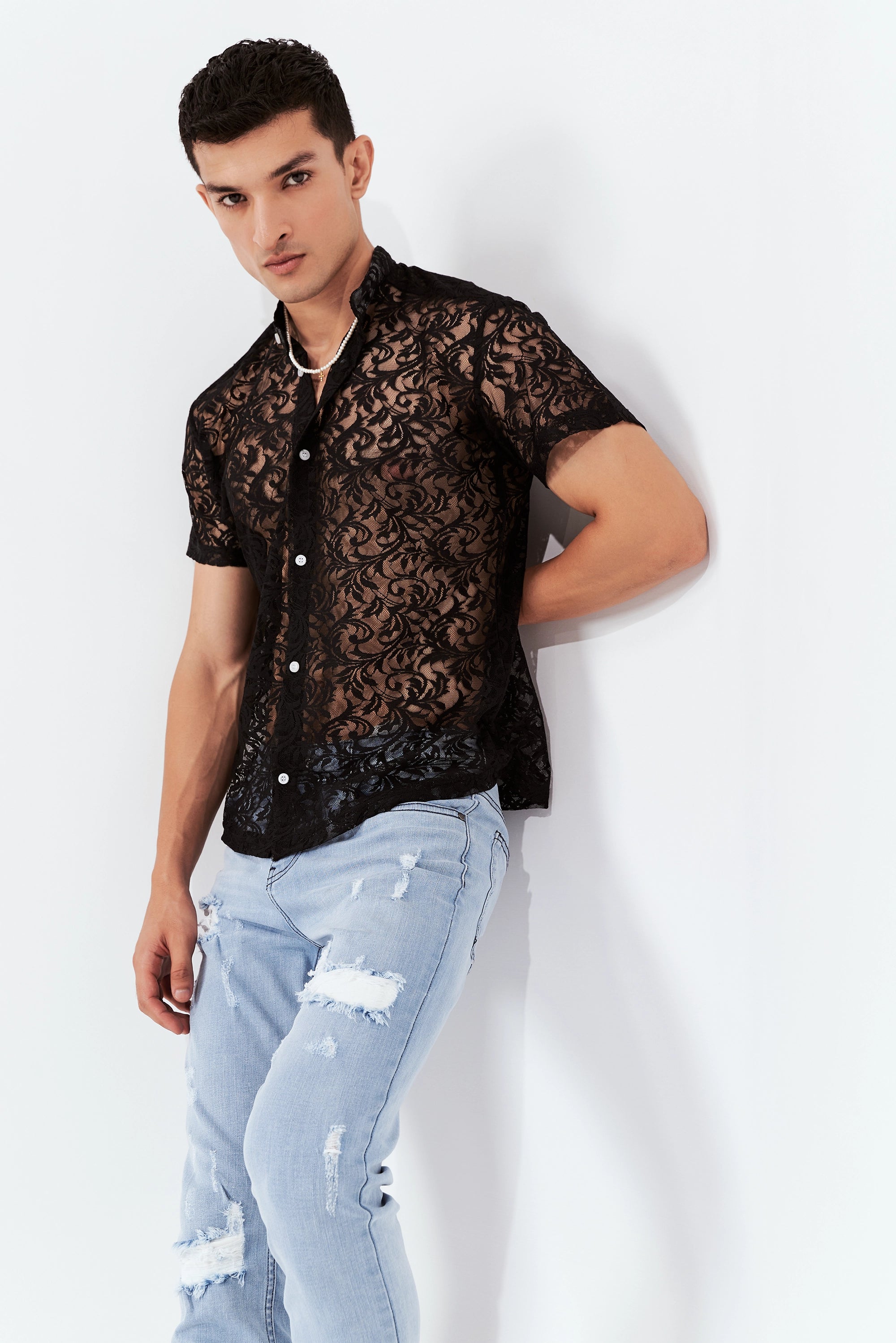 Men's Semi-Sheer Floral Shirt Black