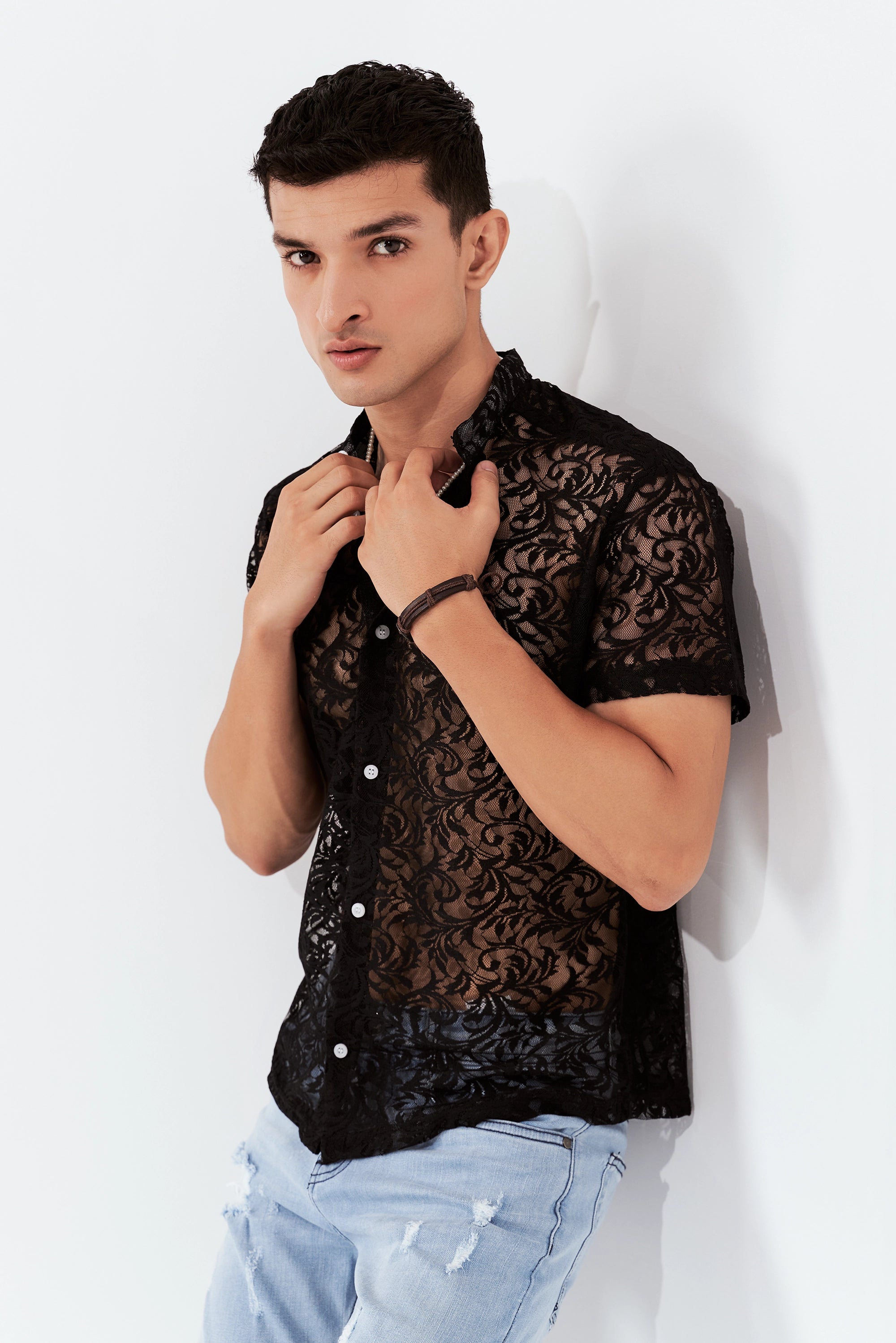 Men's Semi-Sheer Floral Shirt Black