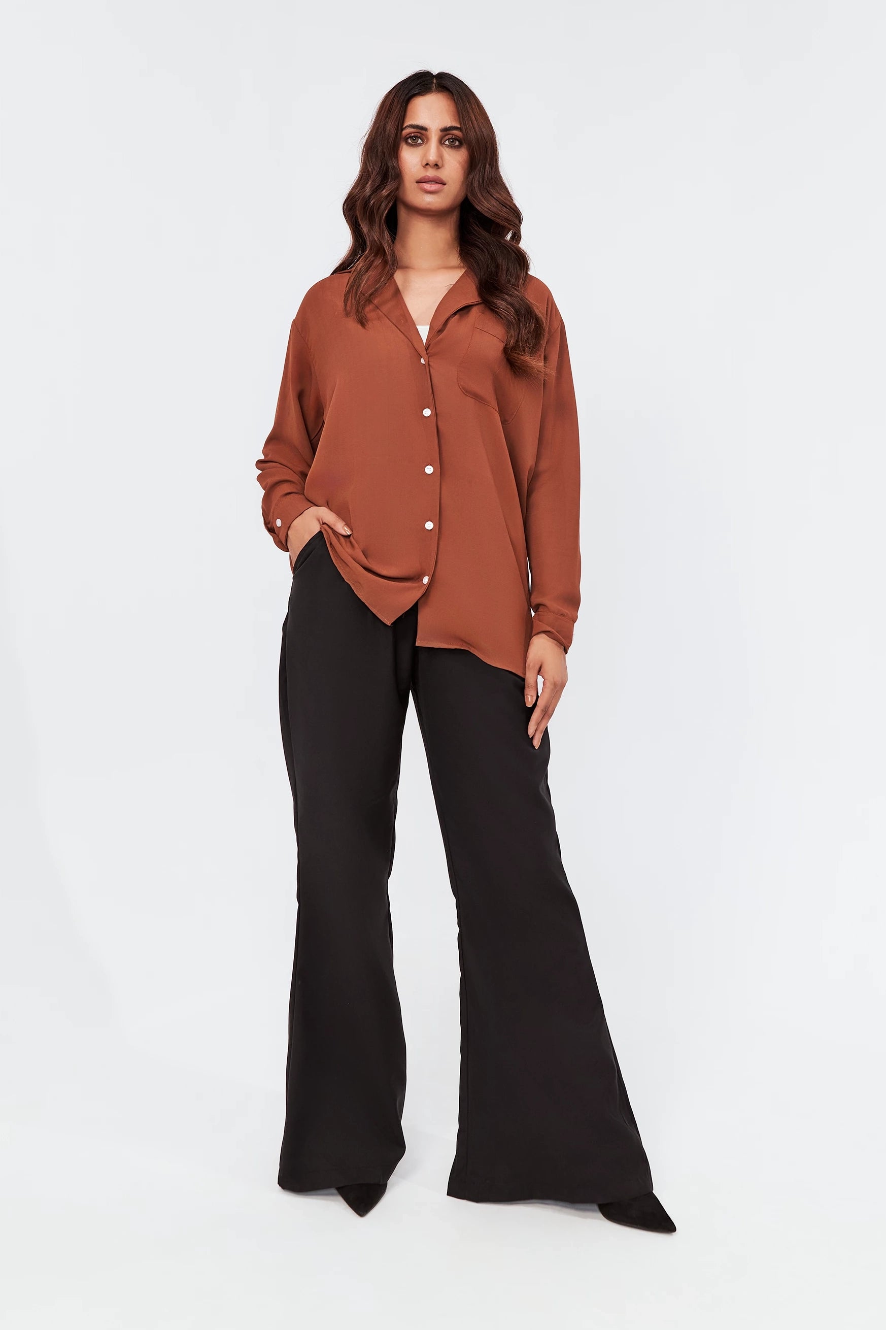 Women's Button-Up Coat Collar Top Brown