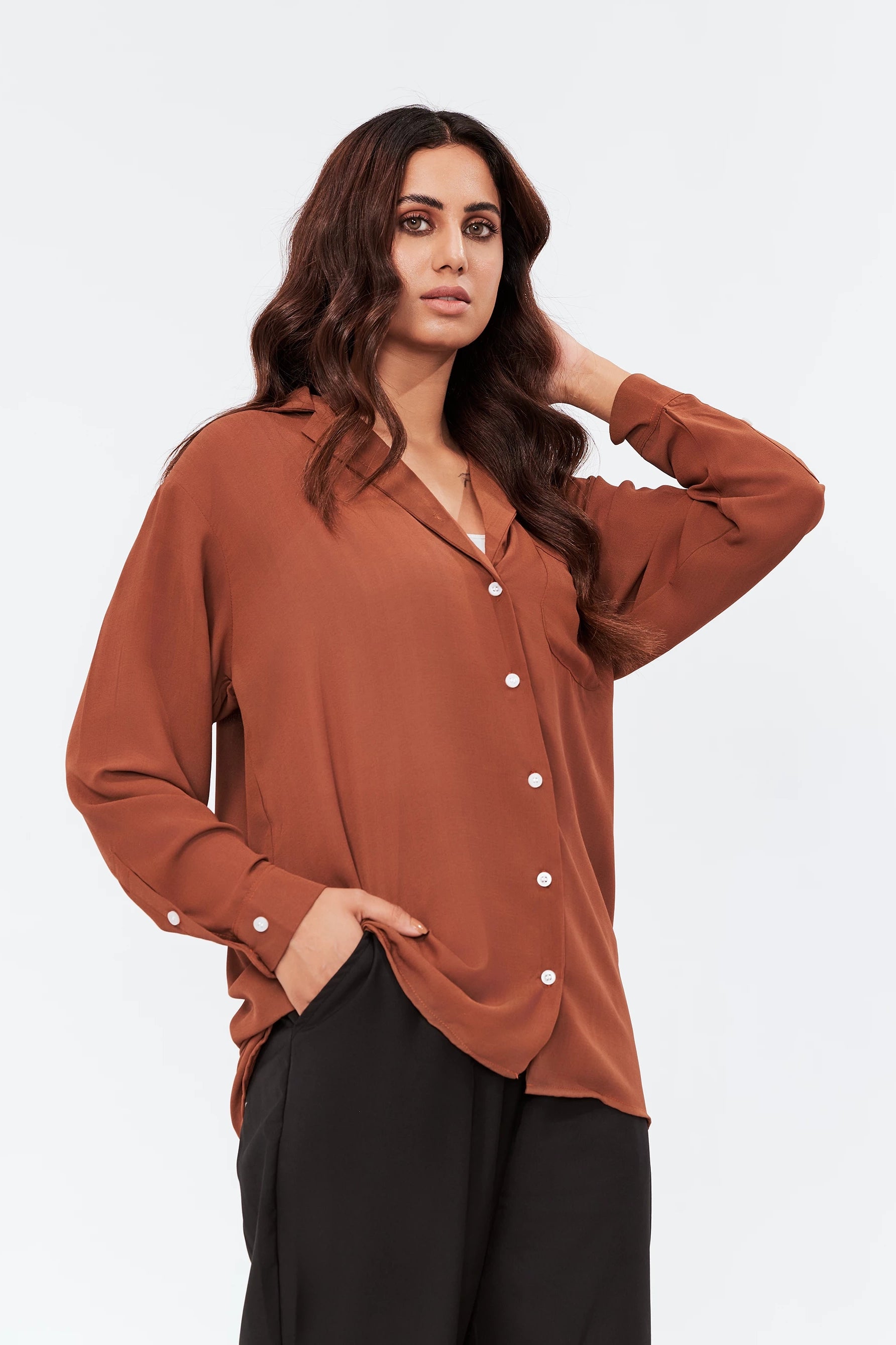 Women's Button-Up Coat Collar Top Brown