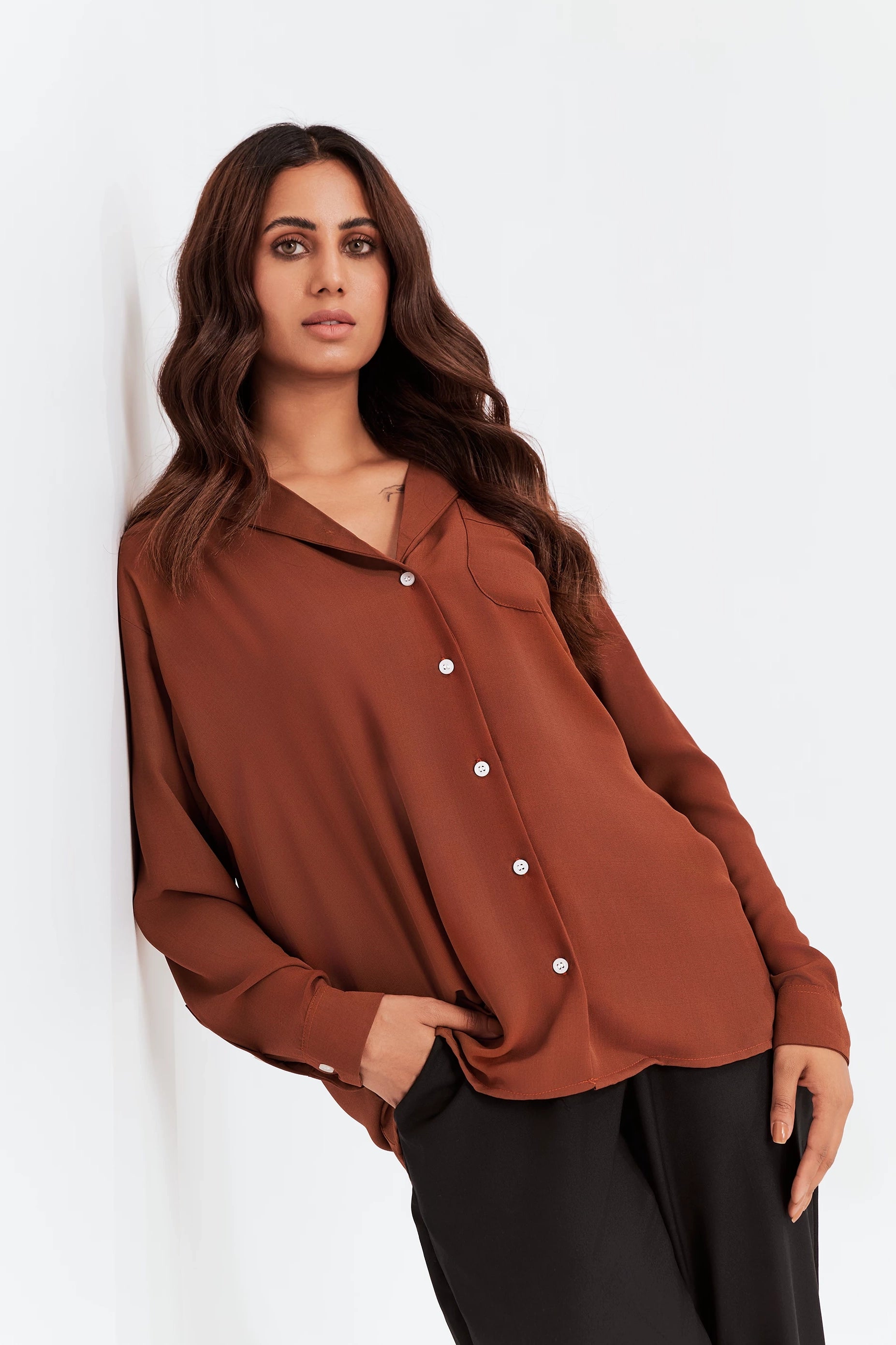 Women's Button-Up Coat Collar Top Brown