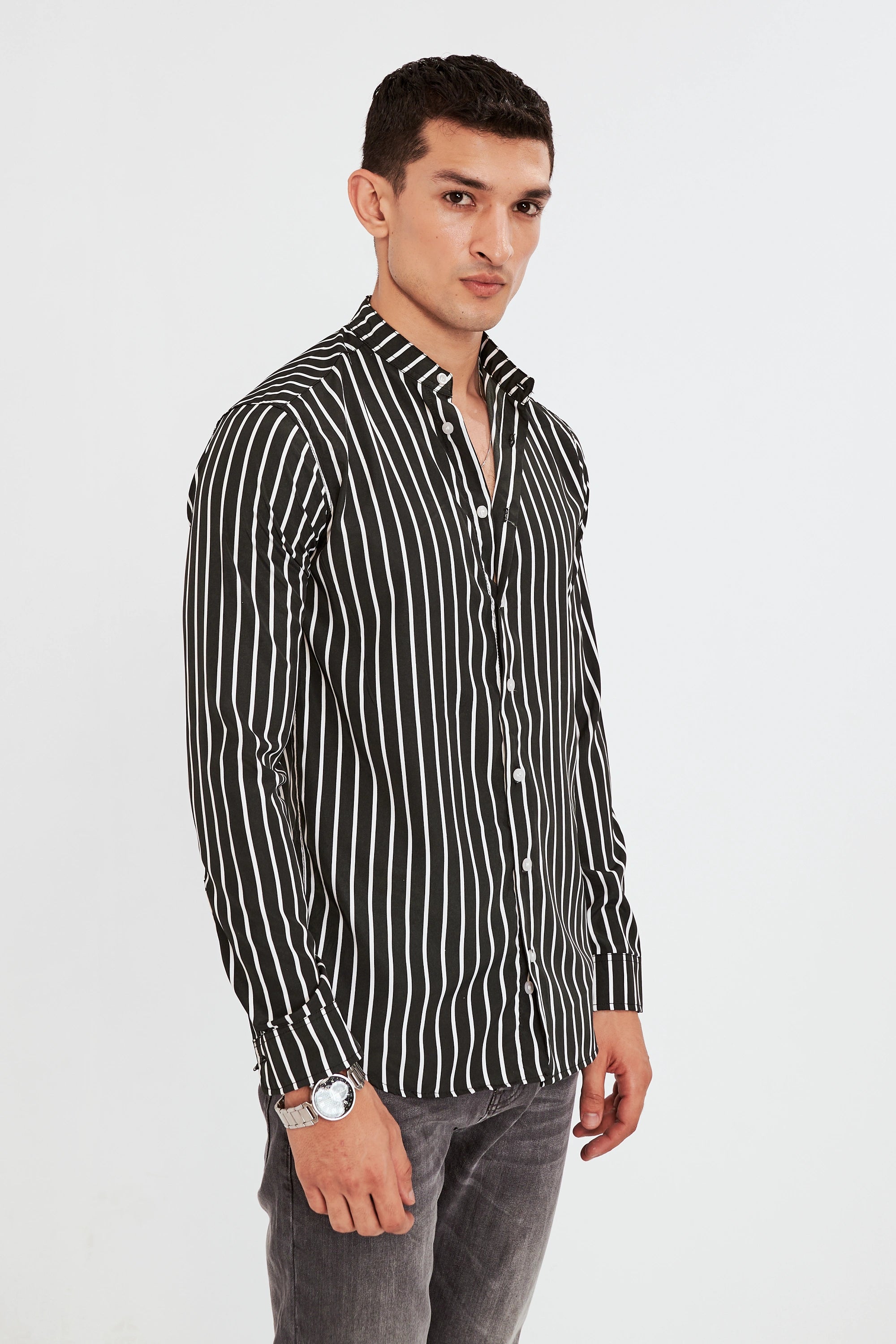 Men's Black Striped Button-Up Shirt