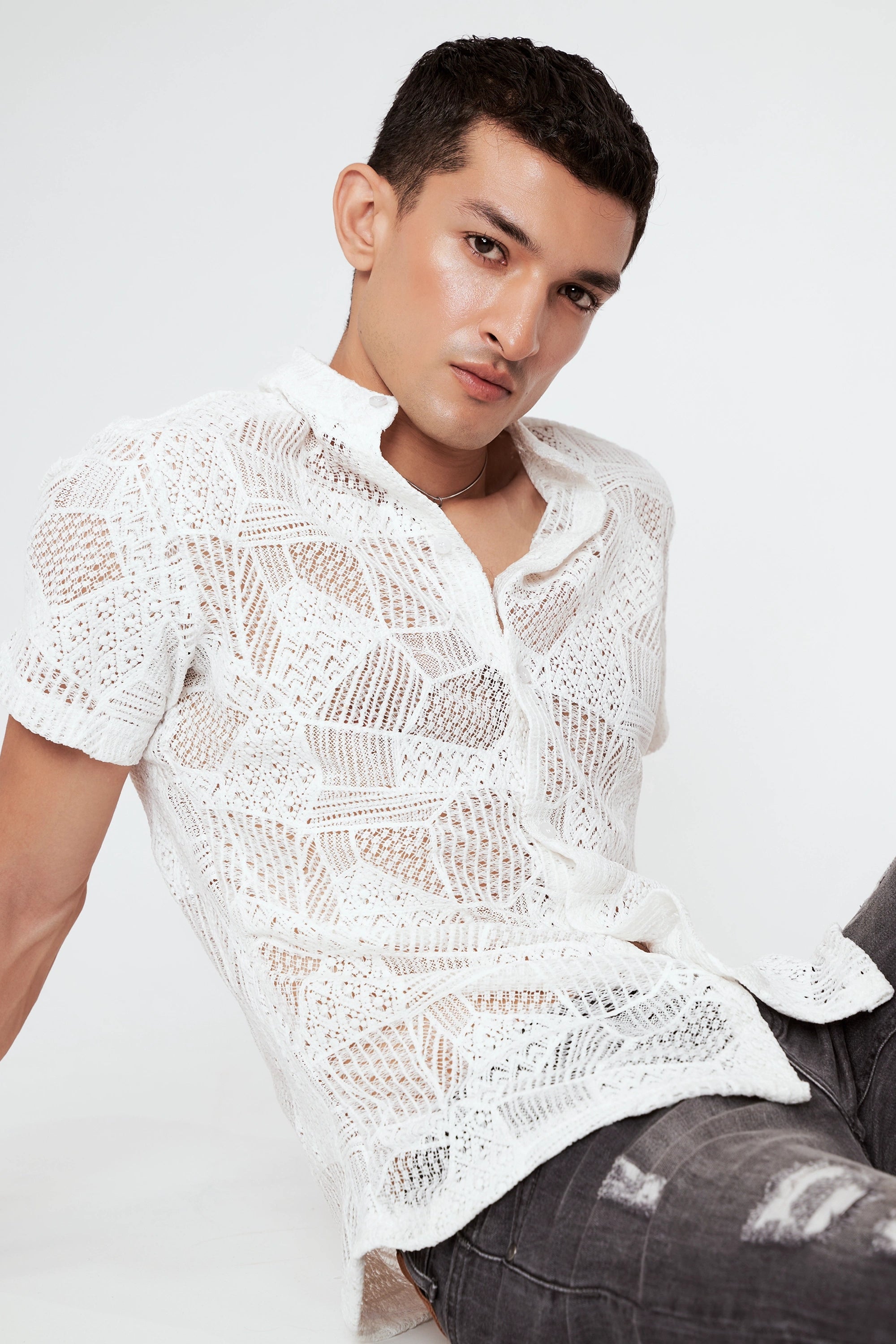 Men s Semi Sheer Floral Shirt White