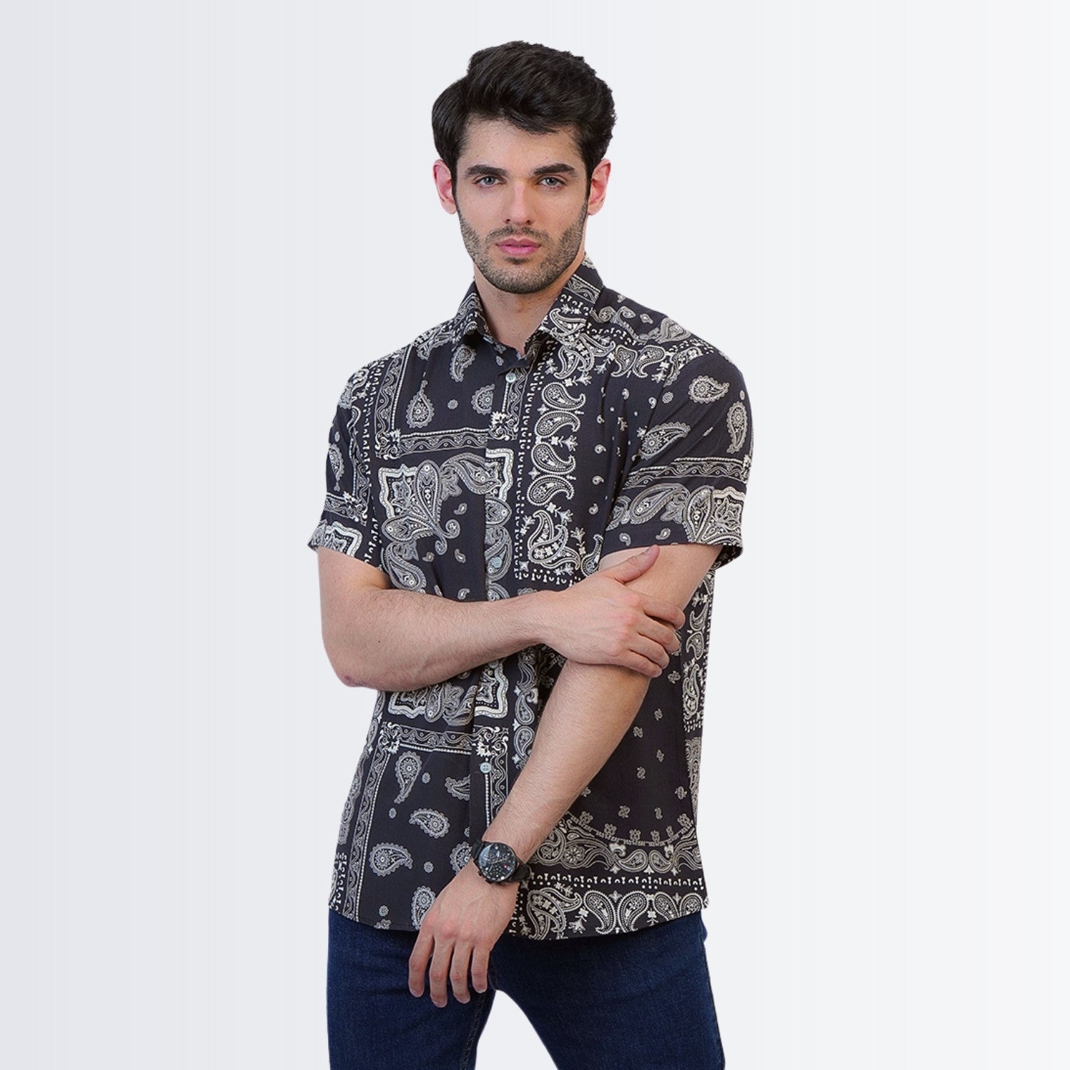 CRUSHED PAISLEY PRINT SHIRT / BLK
