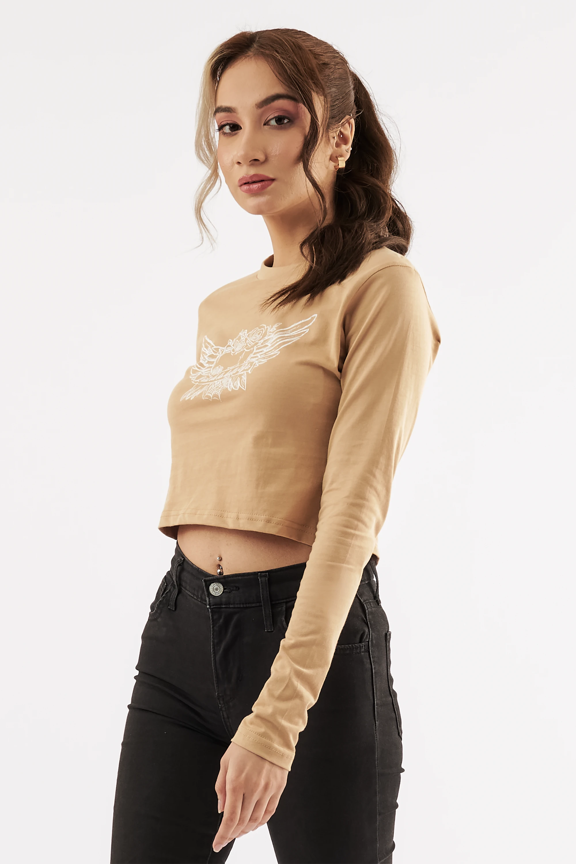 Women's Full Sleeve Crop Tee Sand