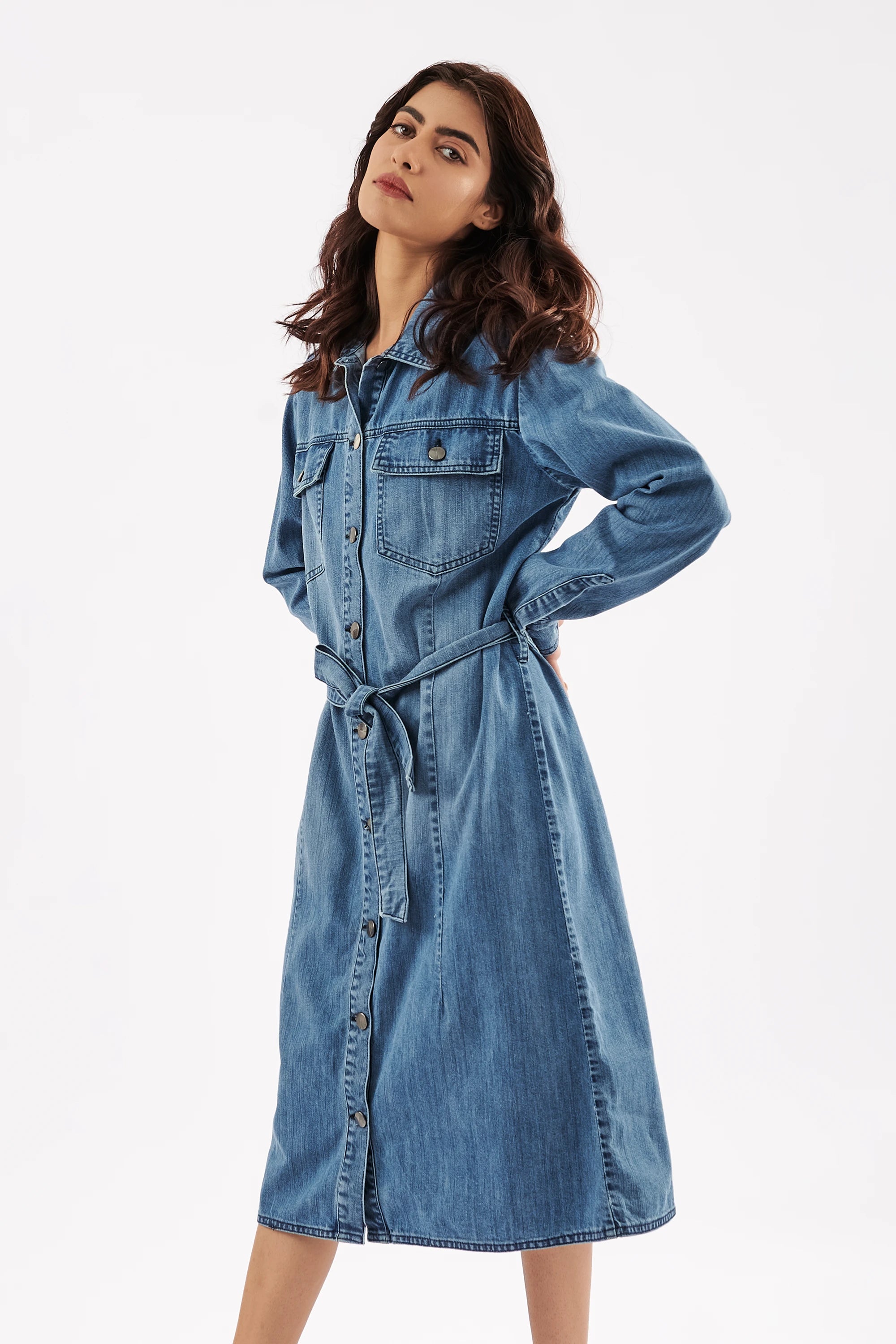 Women's Denim Midi Shirt Dress