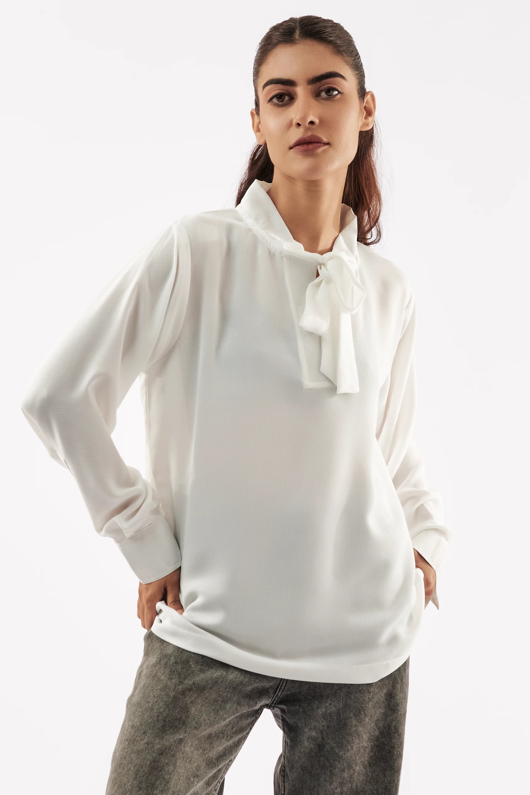 Women's Self Tie Neck Blouse White