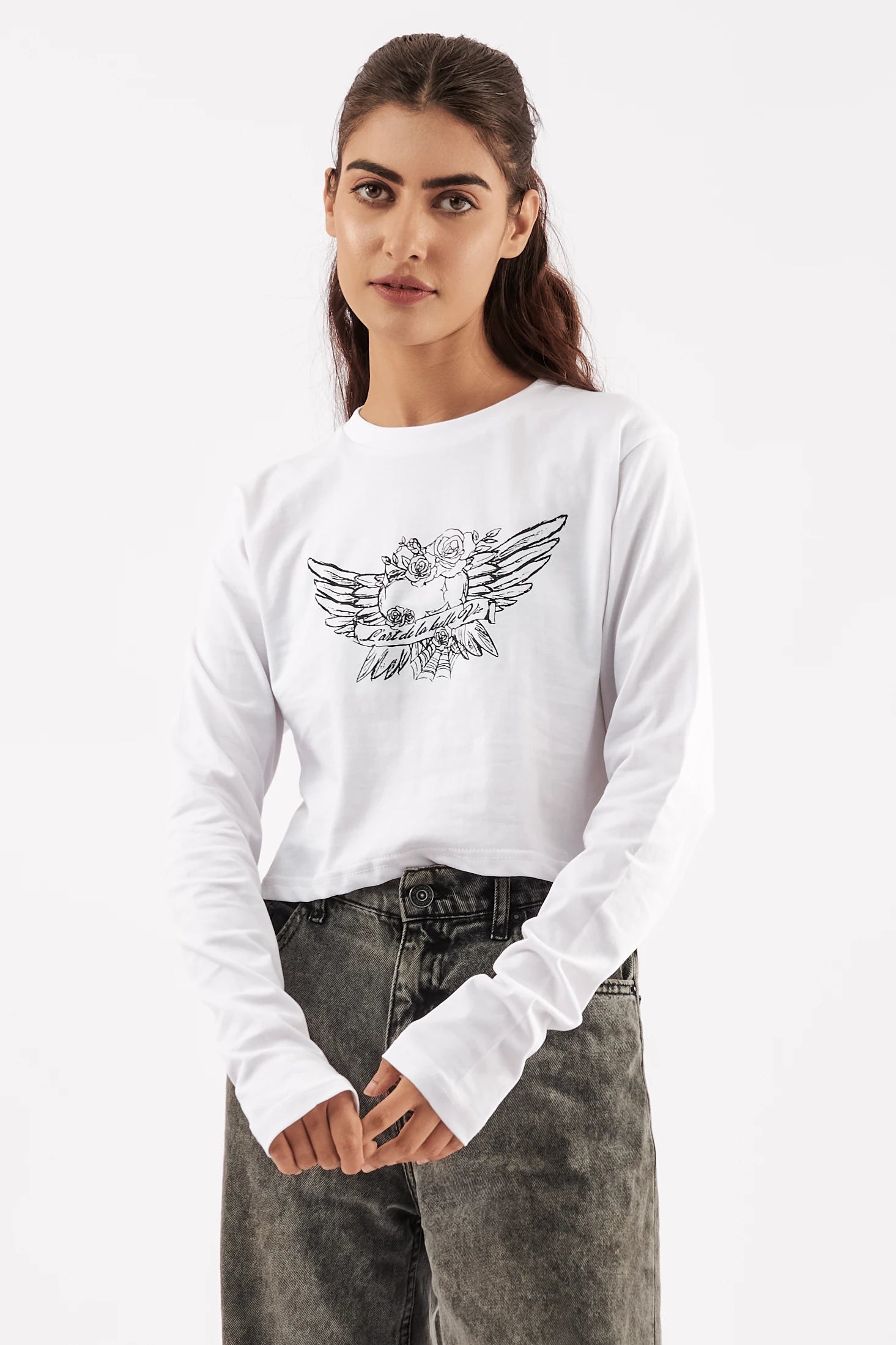 Women's Full Sleeve Crop Tee White