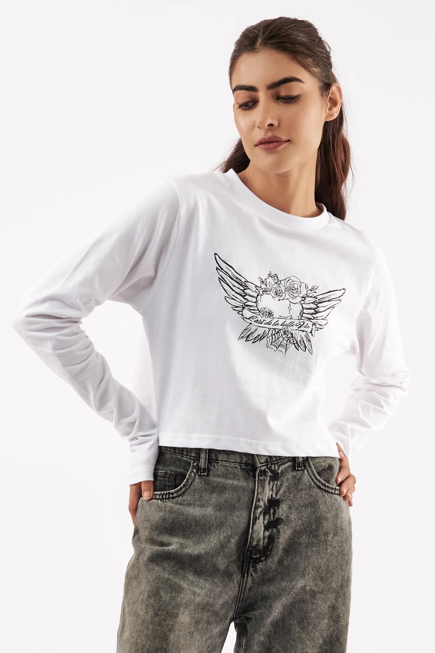 Women's Full Sleeve Crop Tee White