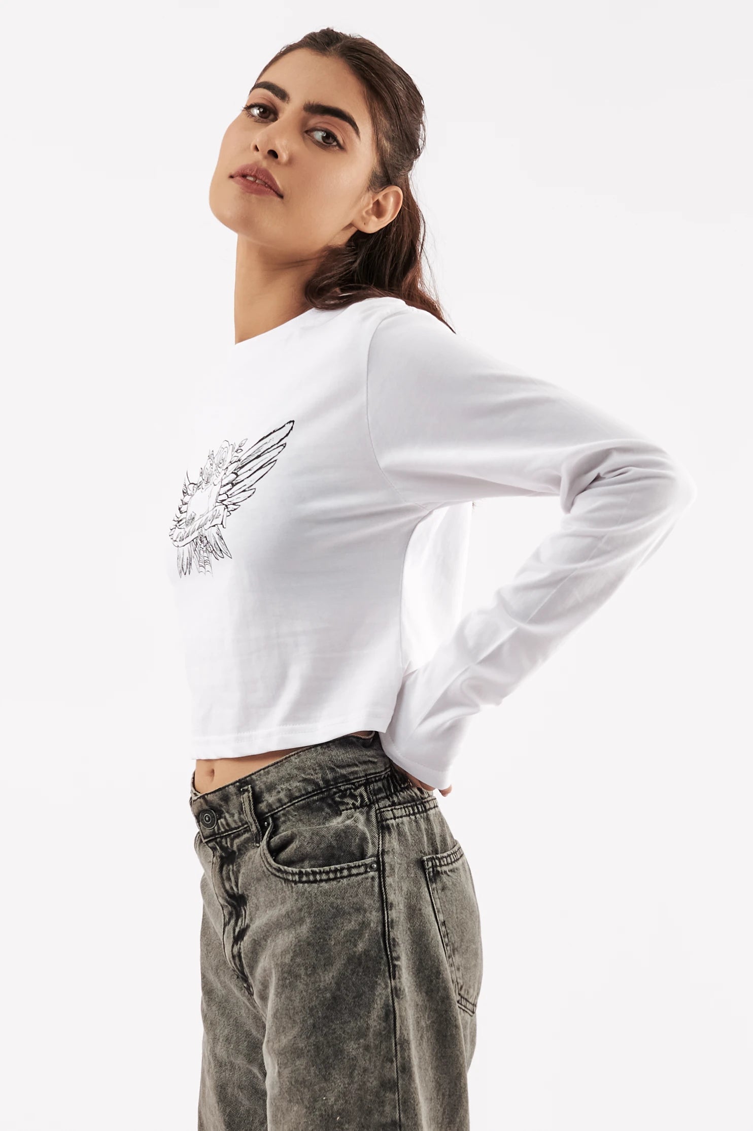 Women's Full Sleeve Crop Tee White