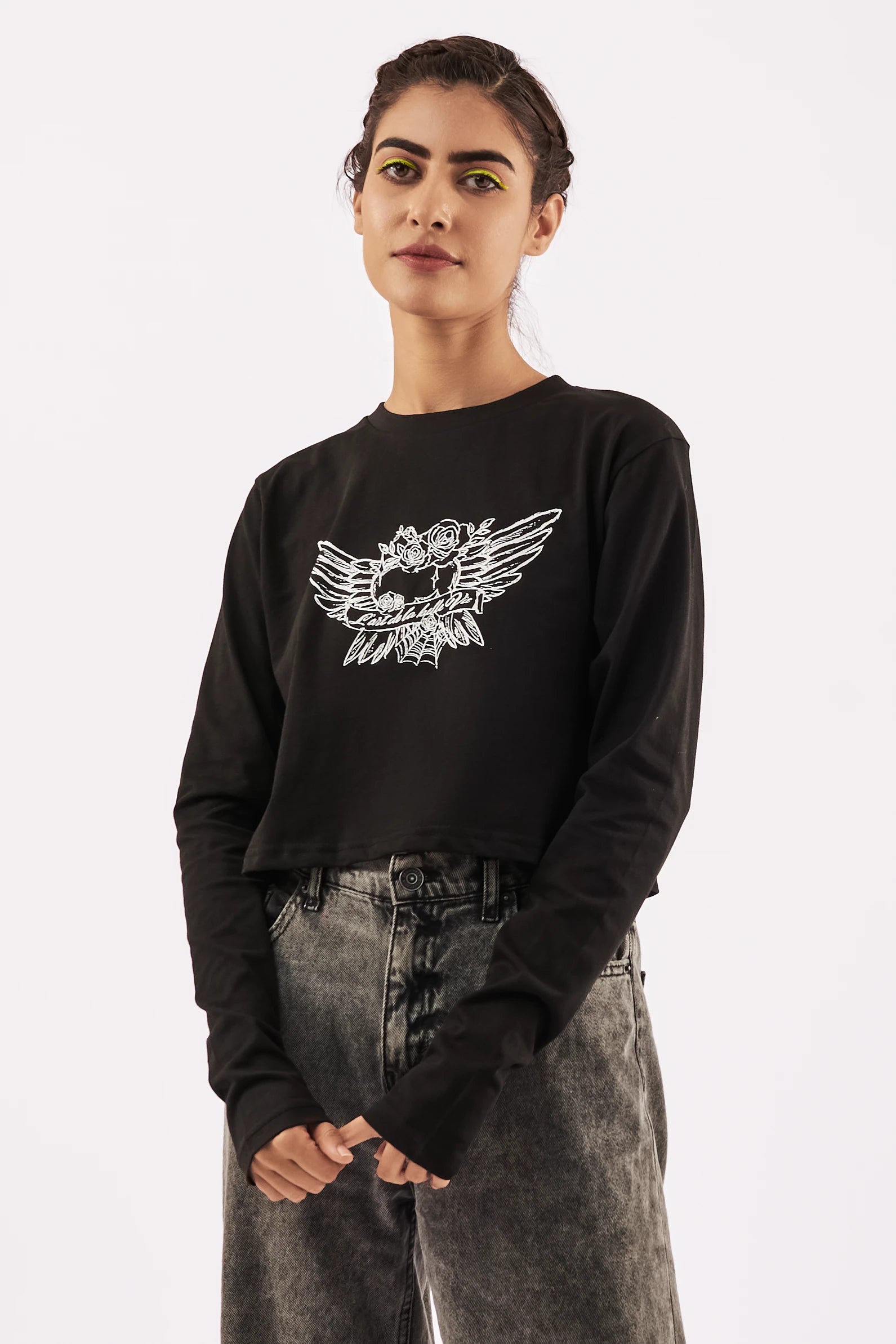 Women's Full Sleeve Crop Tee Black
