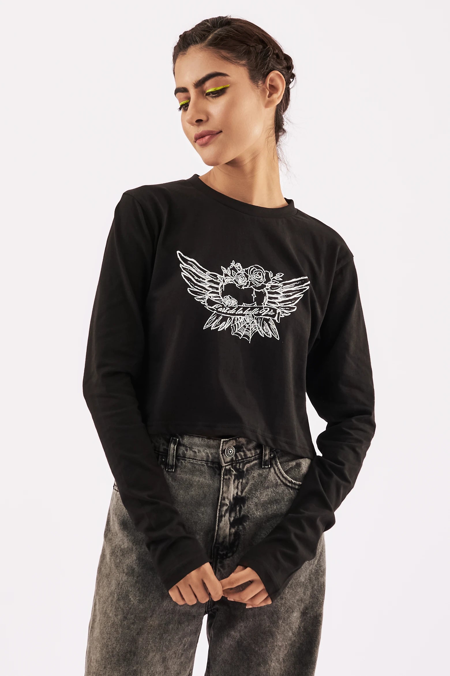 Women's Full Sleeve Crop Tee Black