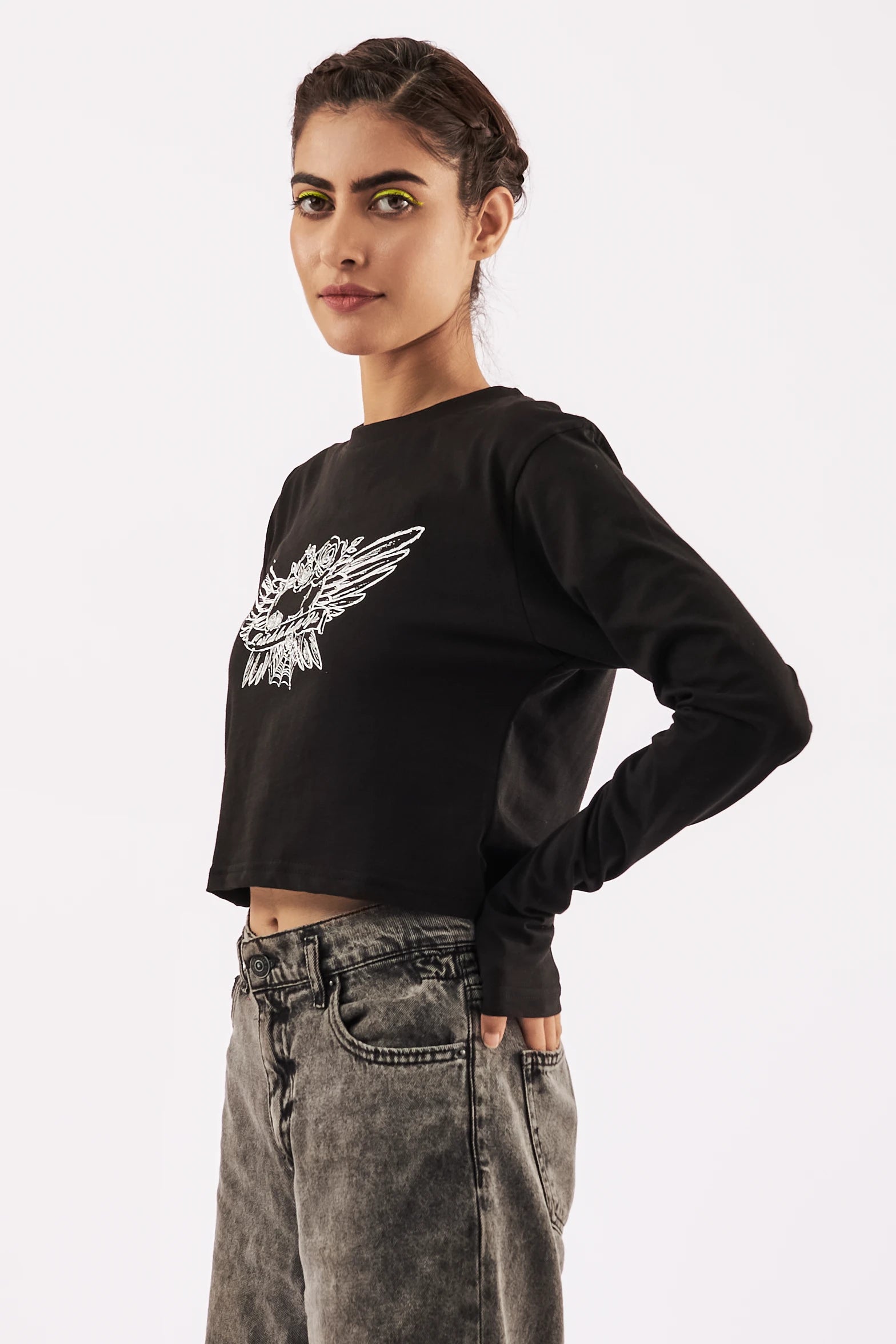 Women's Full Sleeve Crop Tee Black