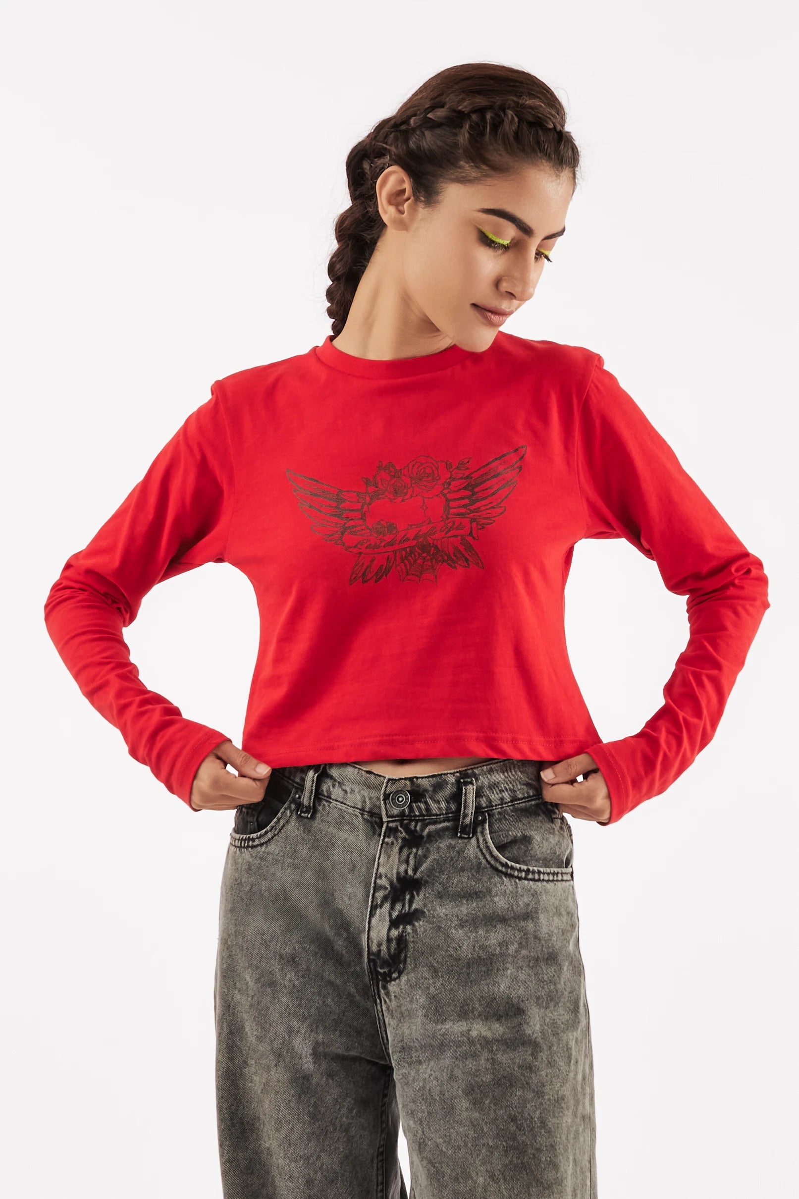 Women's Full Sleeve Crop Tee Red