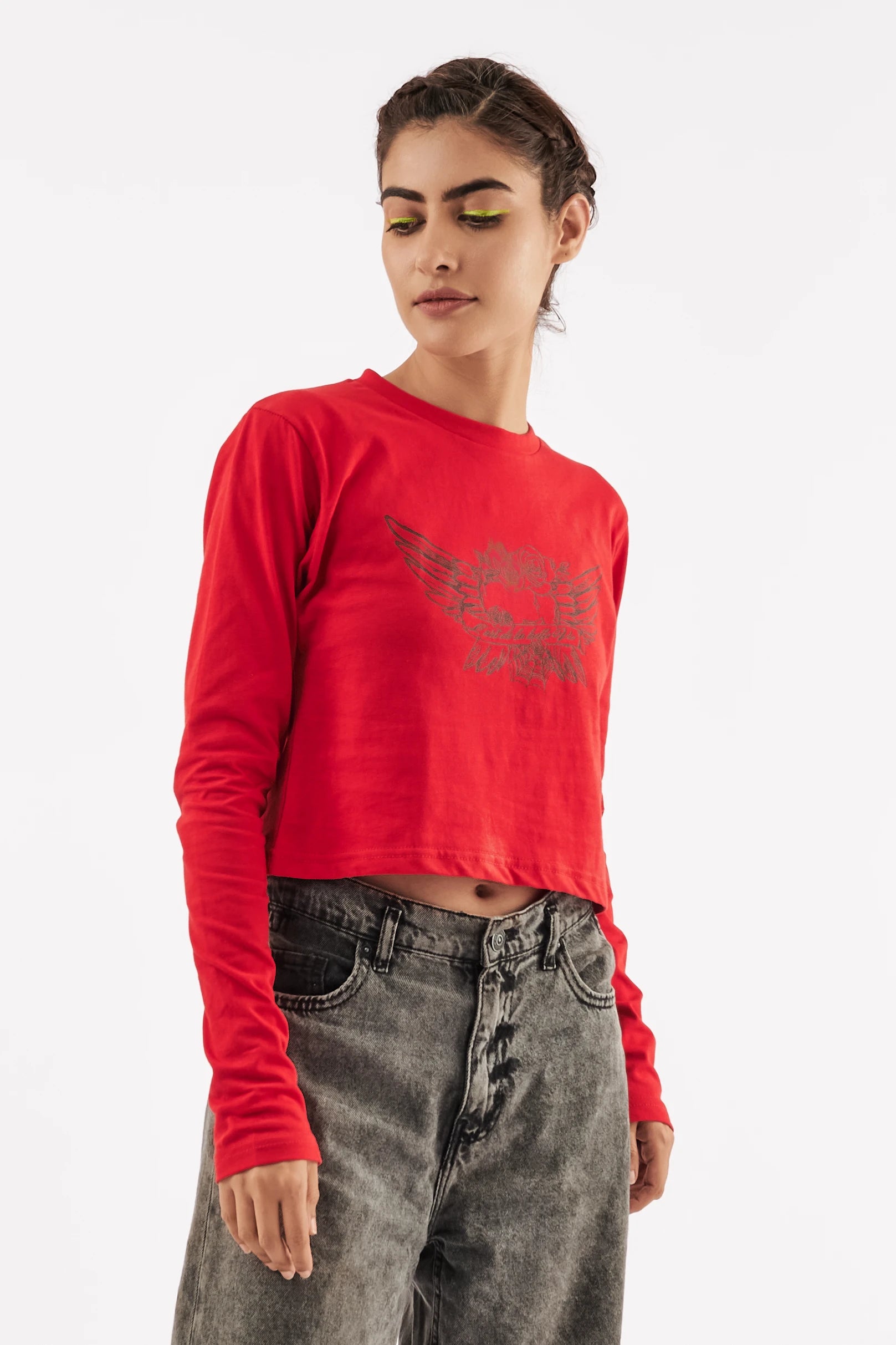 Women's Full Sleeve Crop Tee Red