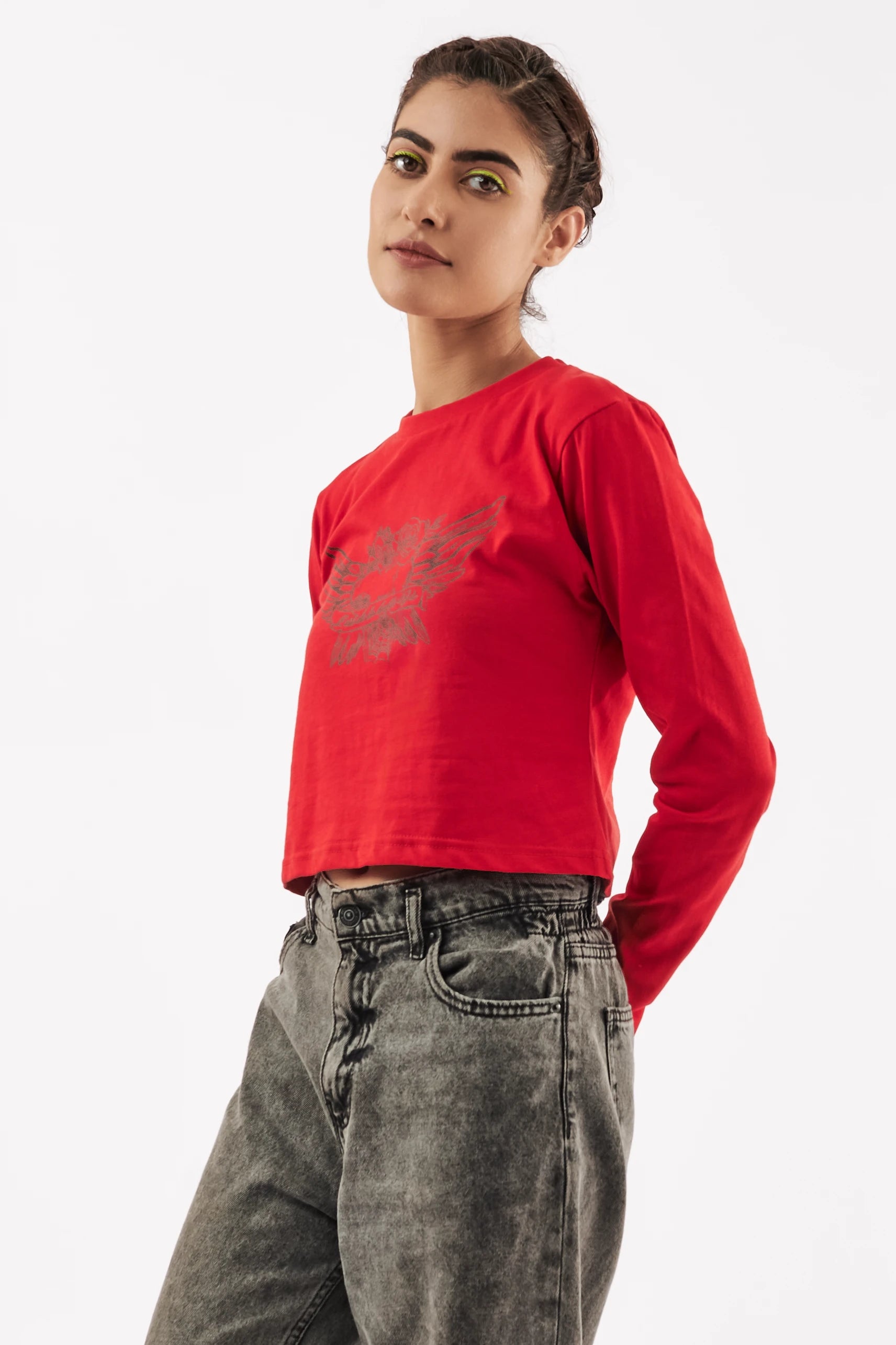 Women's Full Sleeve Crop Tee Red