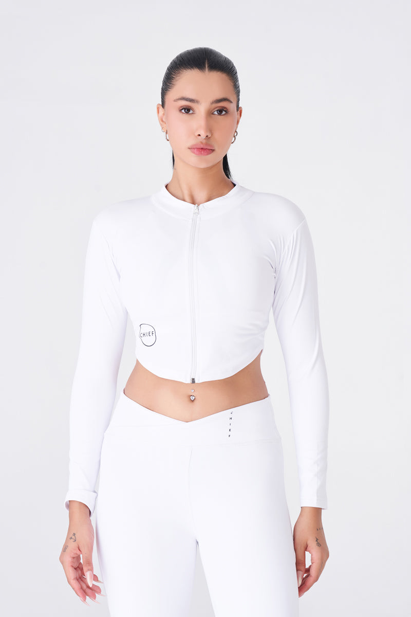 White Full Sleeves Zipper Top for a Sleek Gym Look