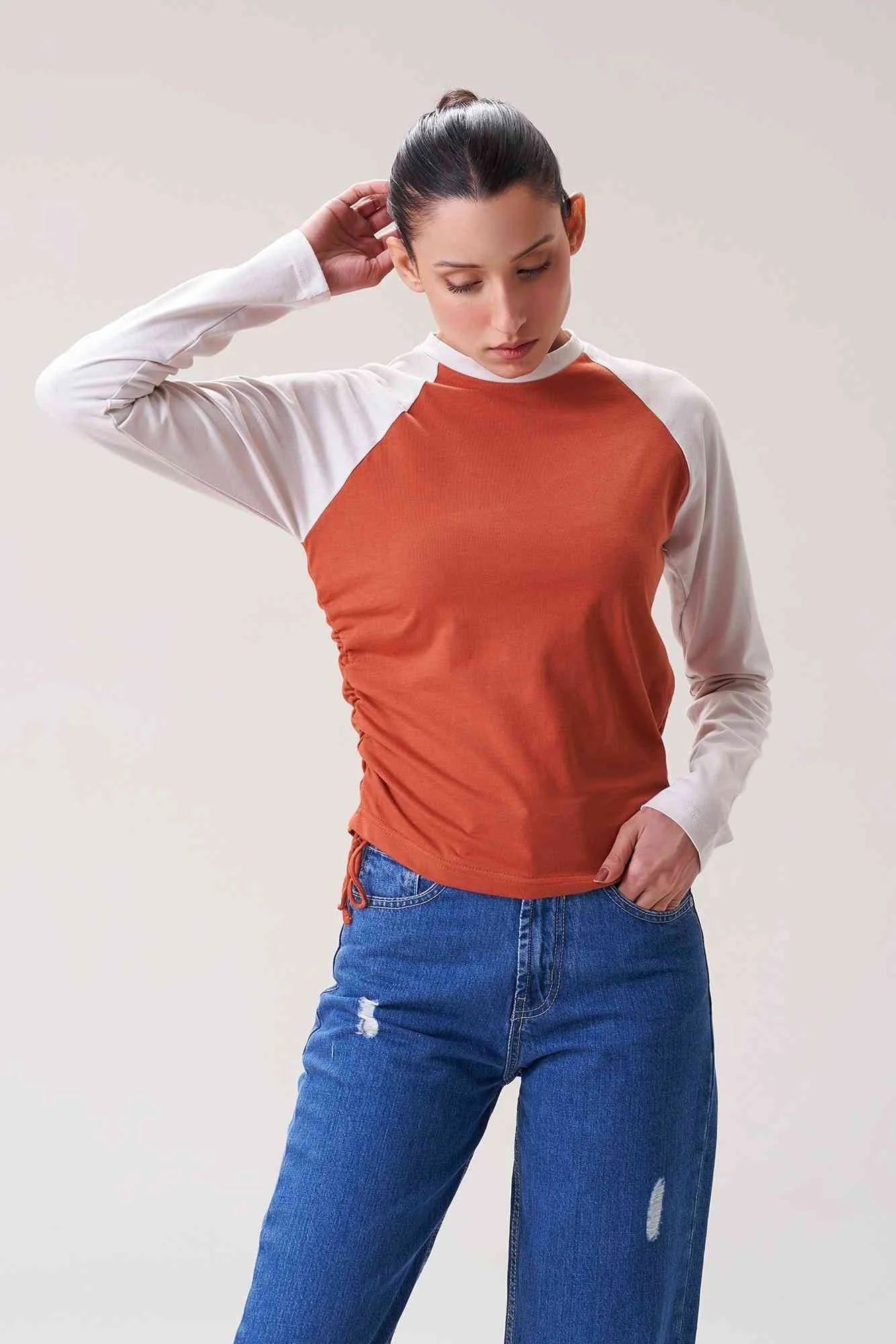 Rust & White Long-Sleeve Raglan Sweatshirt for Women