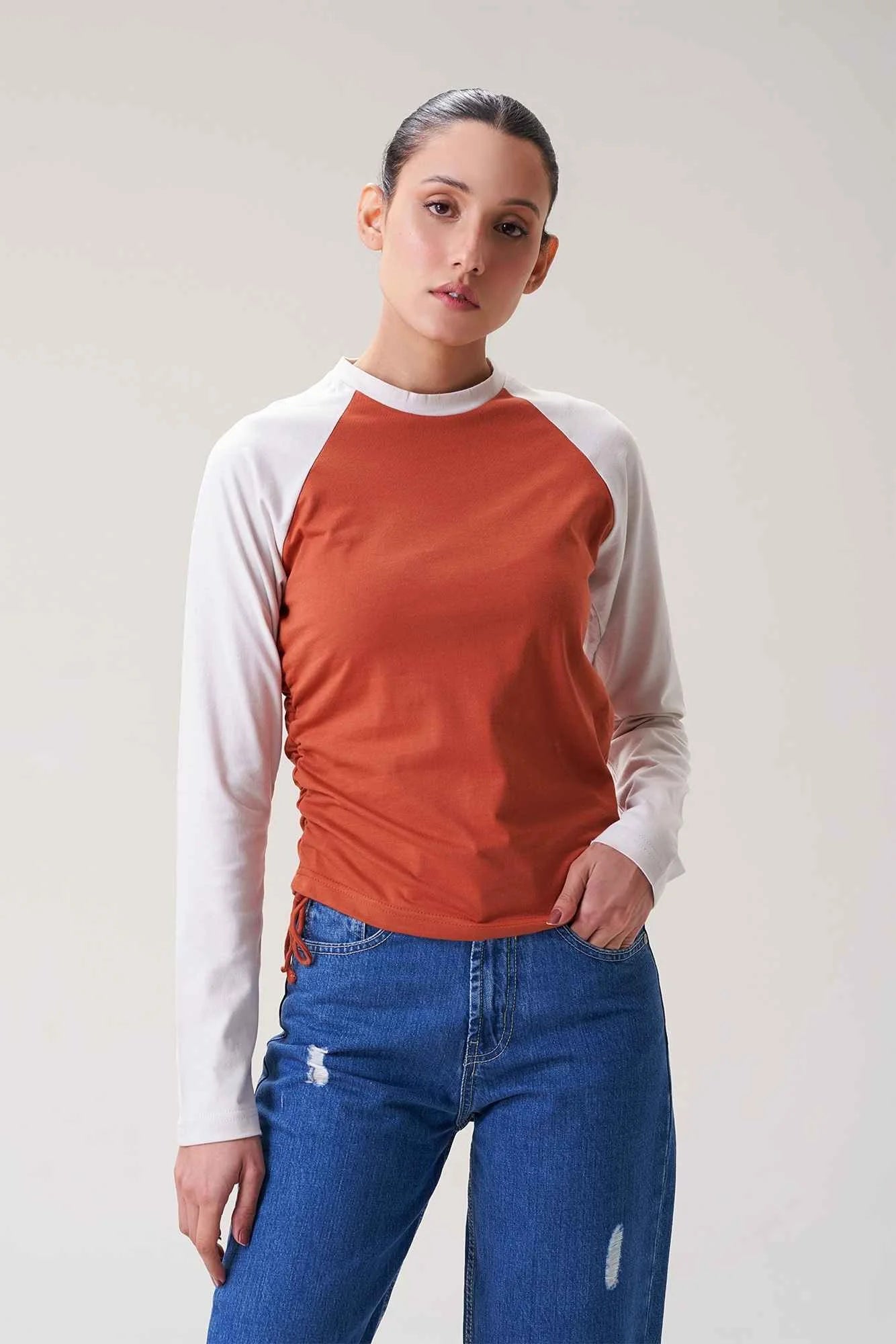 Rust & White Long-Sleeve Raglan Sweatshirt for Women