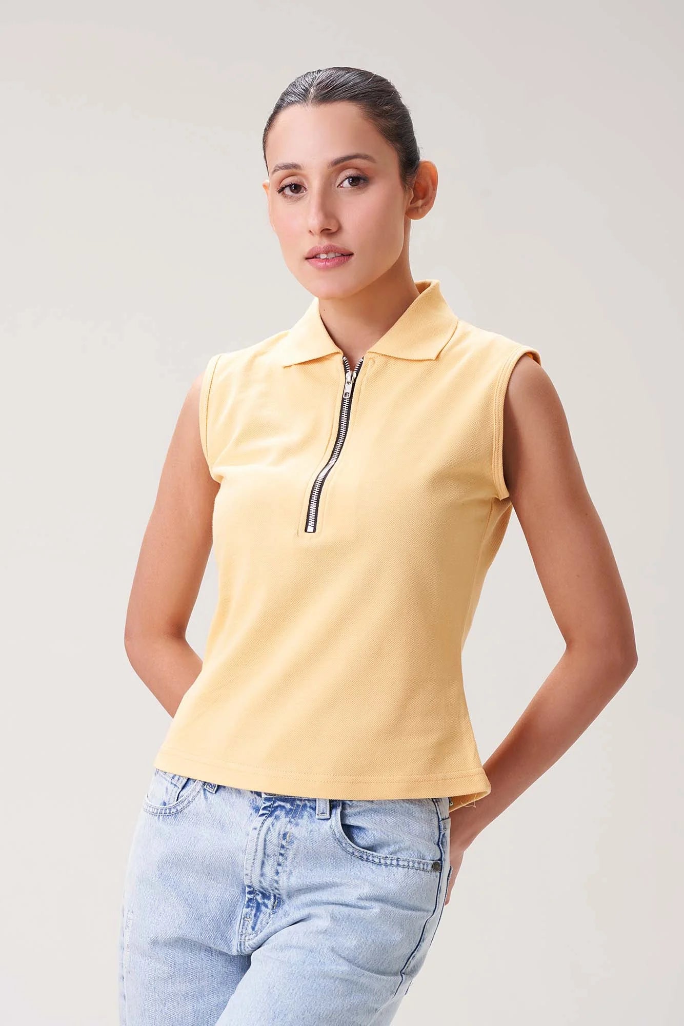 Pastel Yellow Sleeveless Polo Zip Top for Women