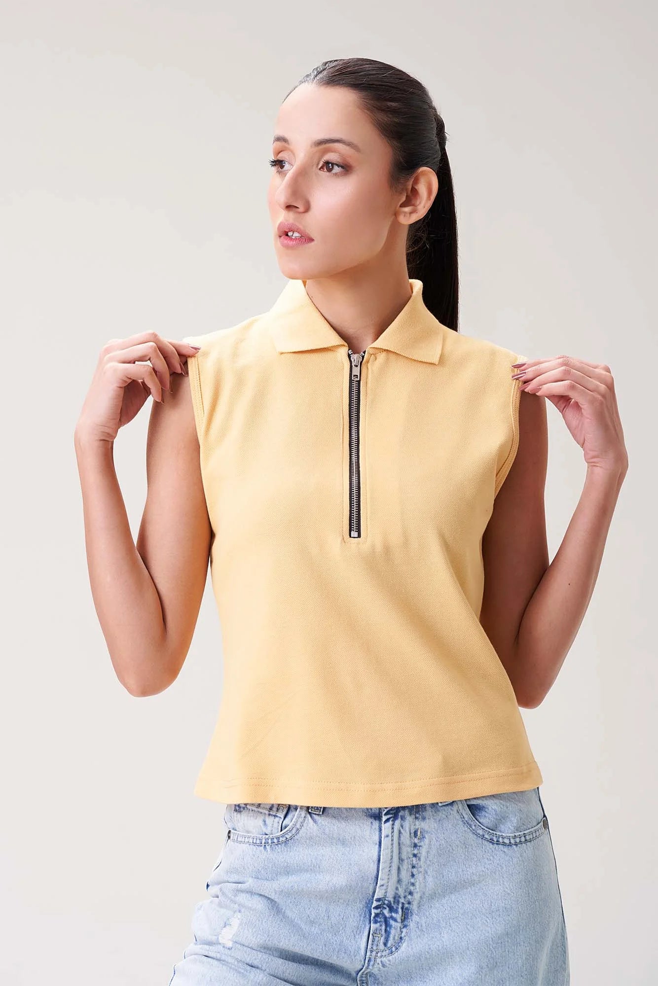 Pastel Yellow Sleeveless Polo Zip Top for Women