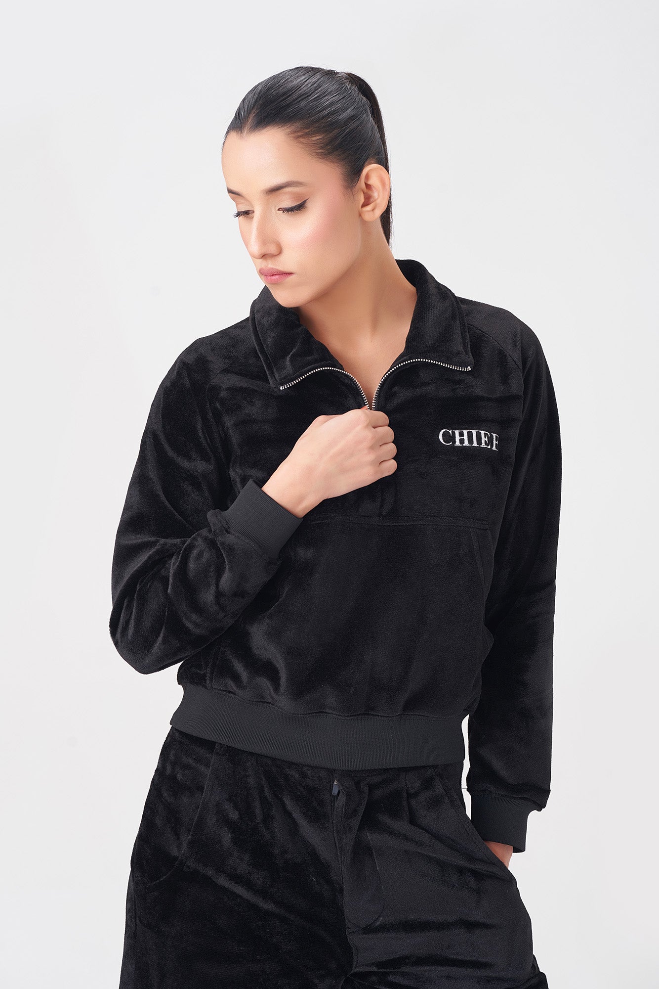 Women’s Black Velvet Tracksuit with "CHIEF" Embroidery