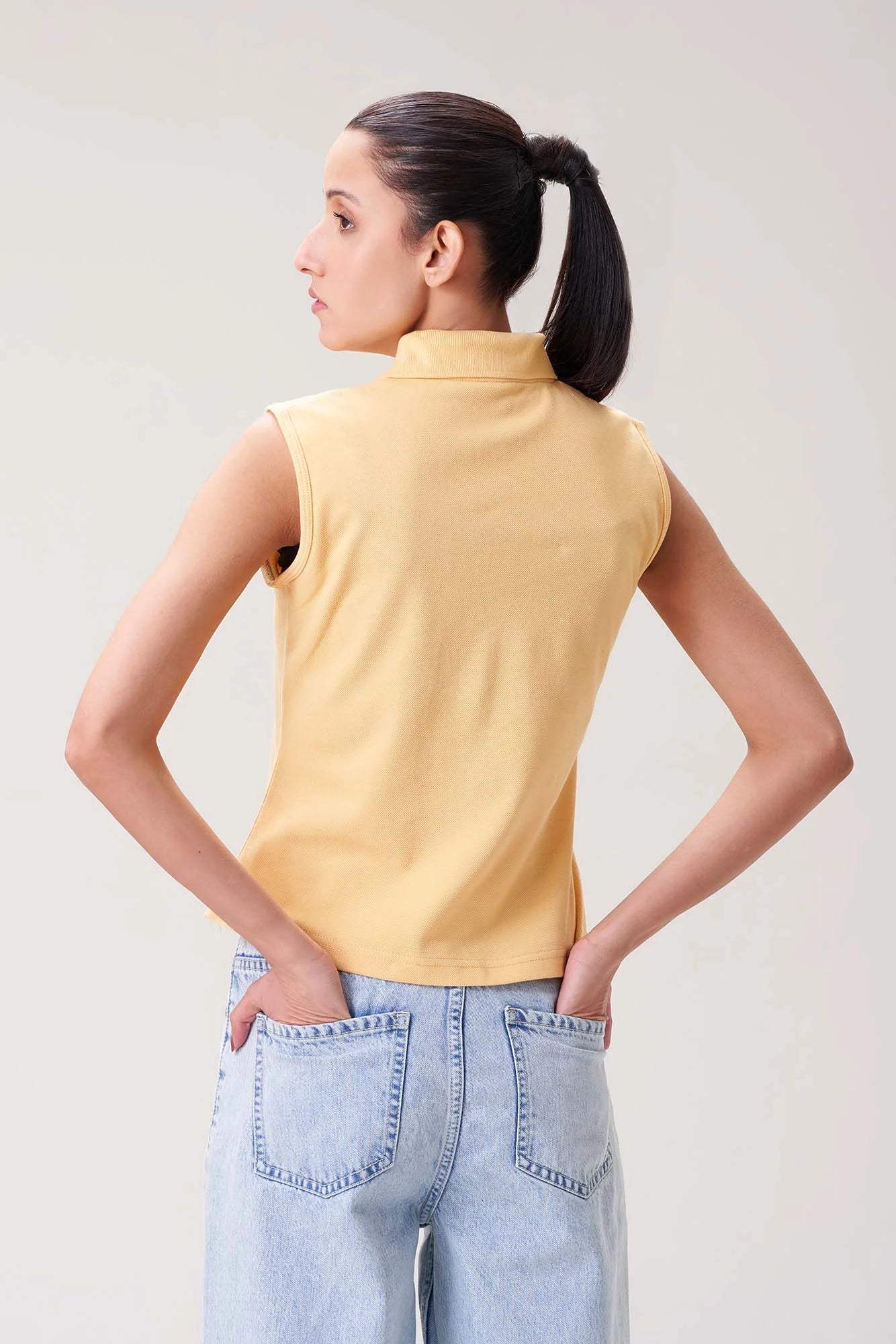 Pastel Yellow Sleeveless Polo Zip Top for Women