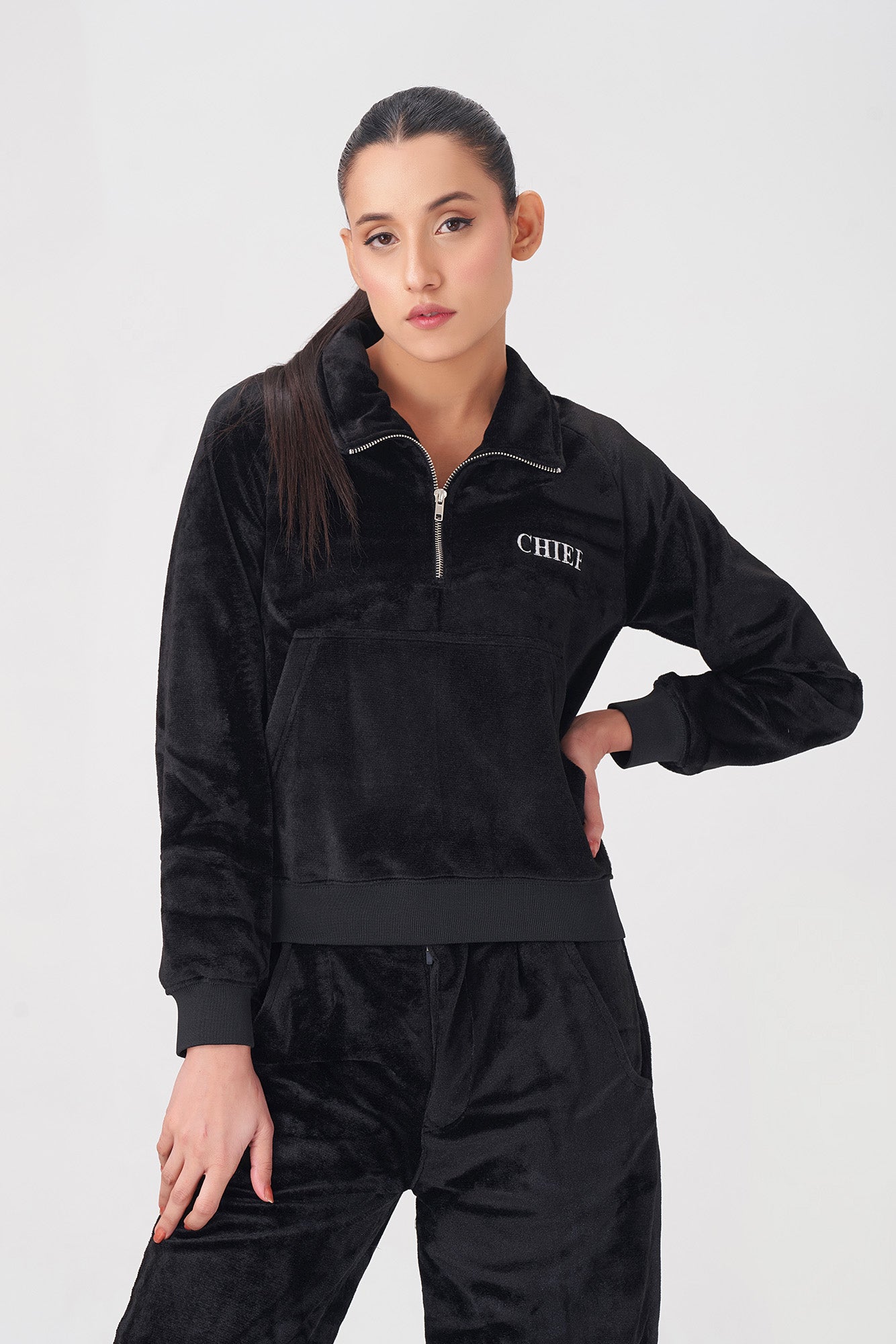 Women’s Black Velvet Tracksuit with "CHIEF" Embroidery