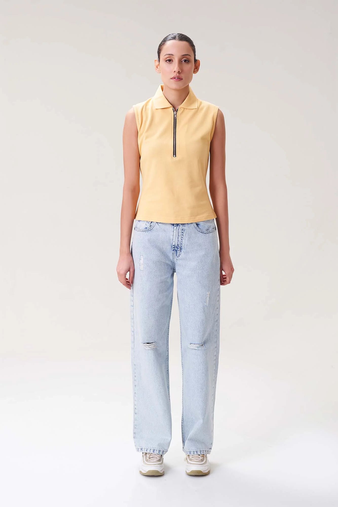 Pastel Yellow Sleeveless Polo Zip Top for Women