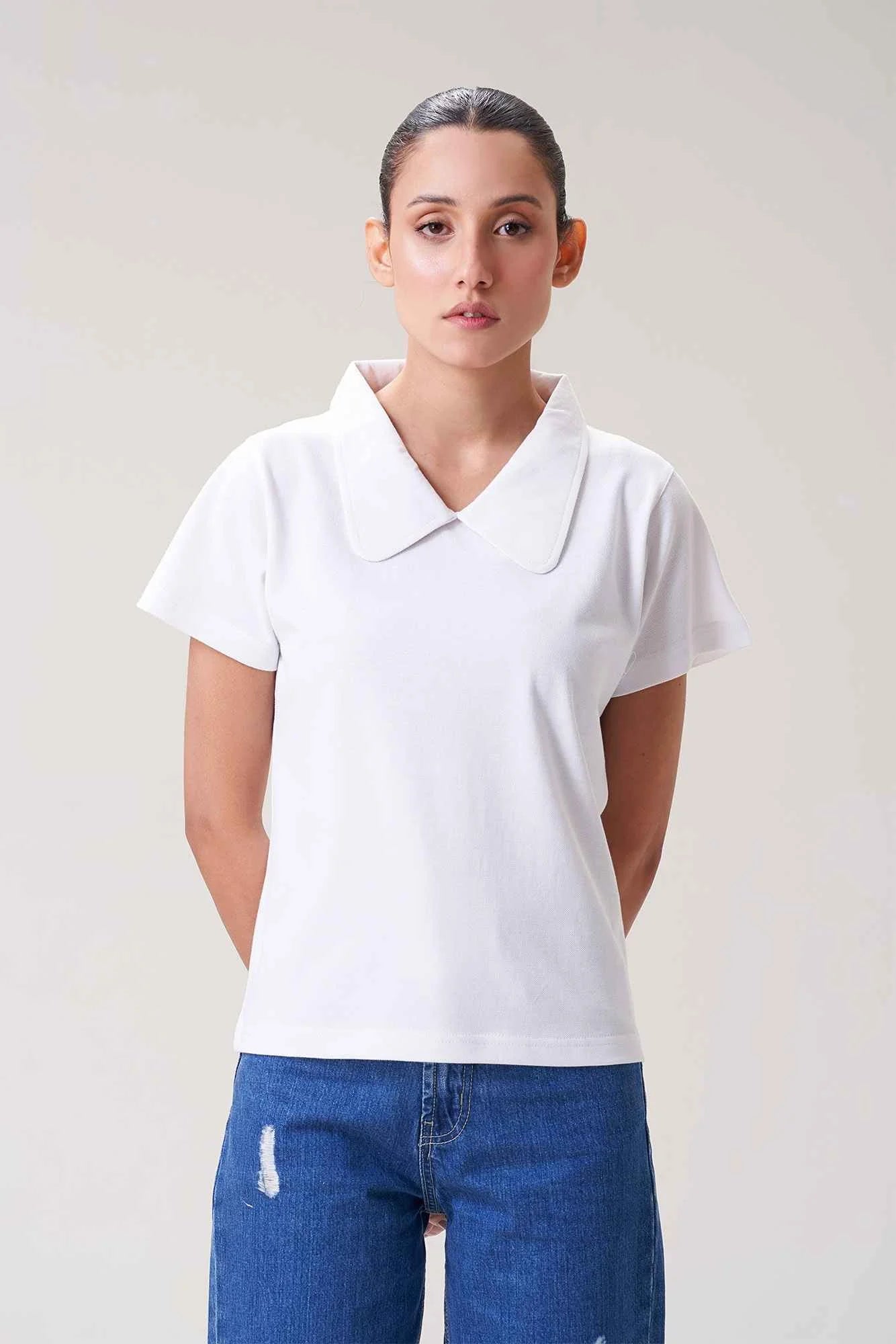 White Collared Short-Sleeve Top for Women