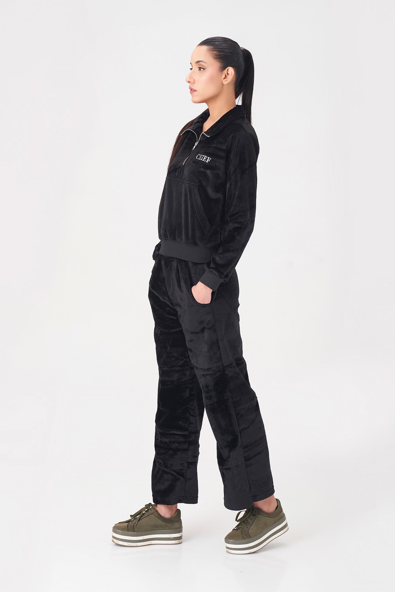 Women’s Black Velvet Tracksuit with "CHIEF" Embroidery