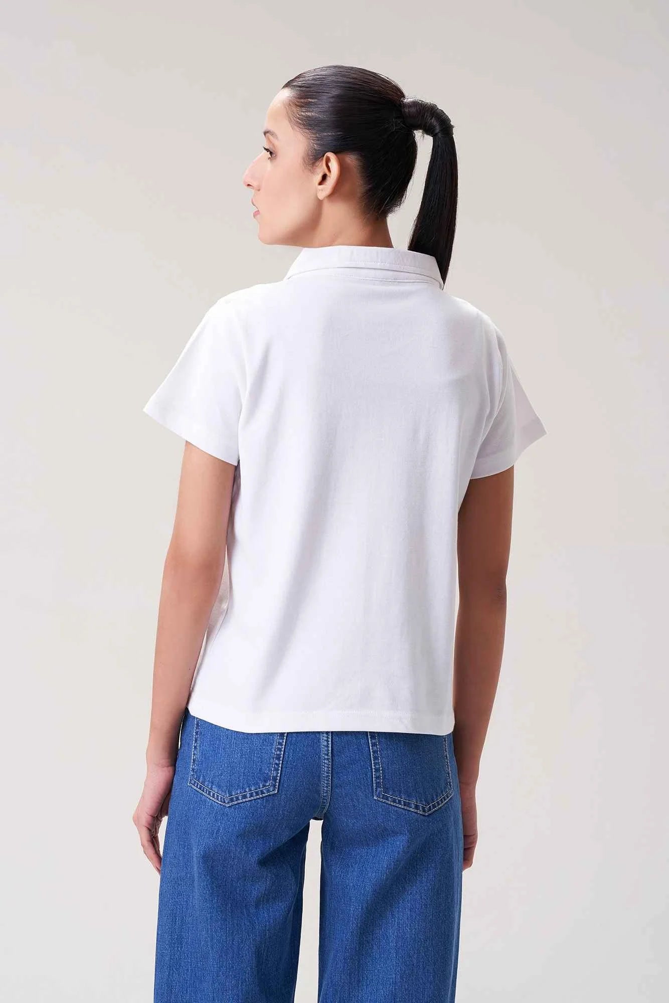 White Collared Short-Sleeve Top for Women