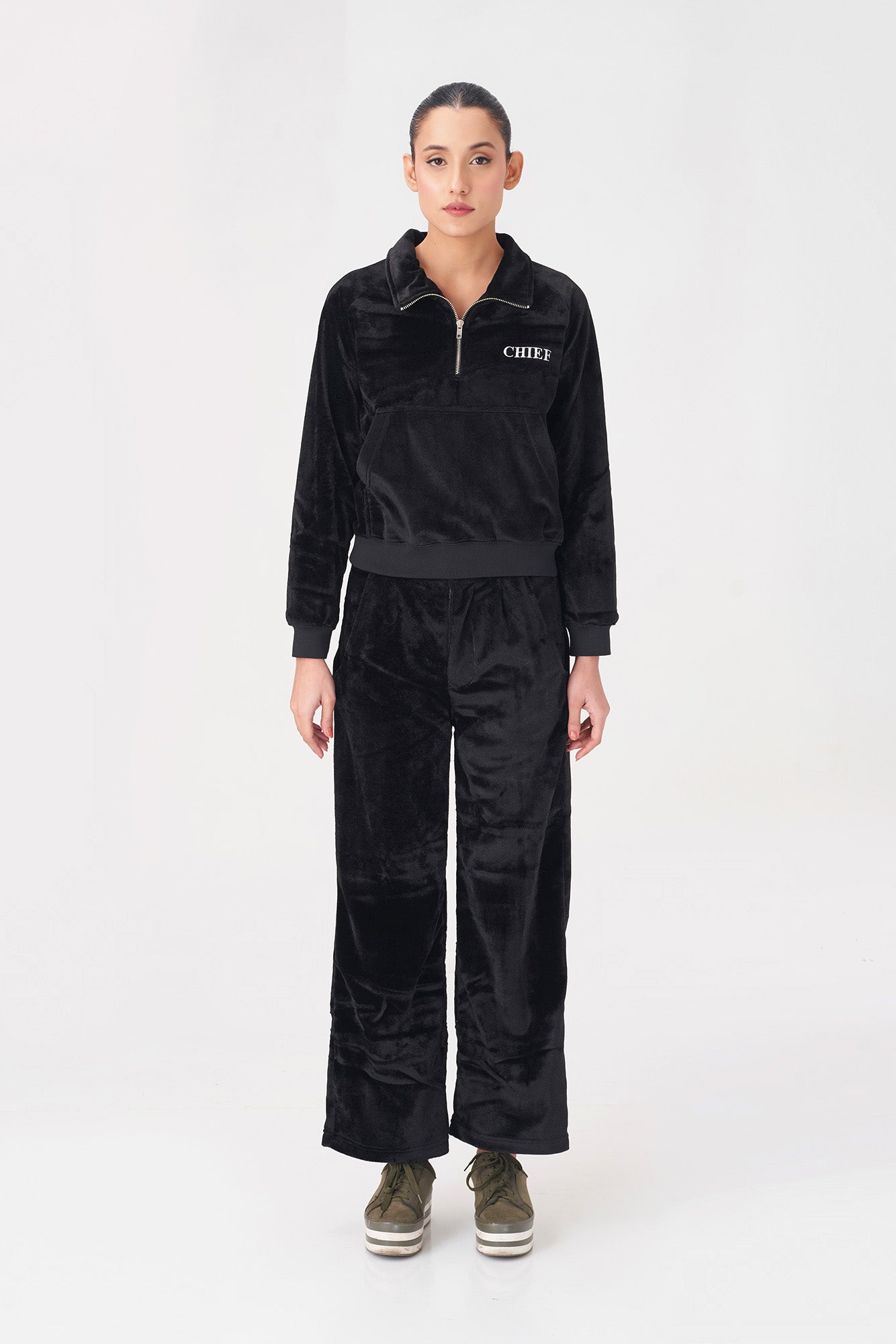 Women’s Black Velvet Tracksuit with "CHIEF" Embroidery