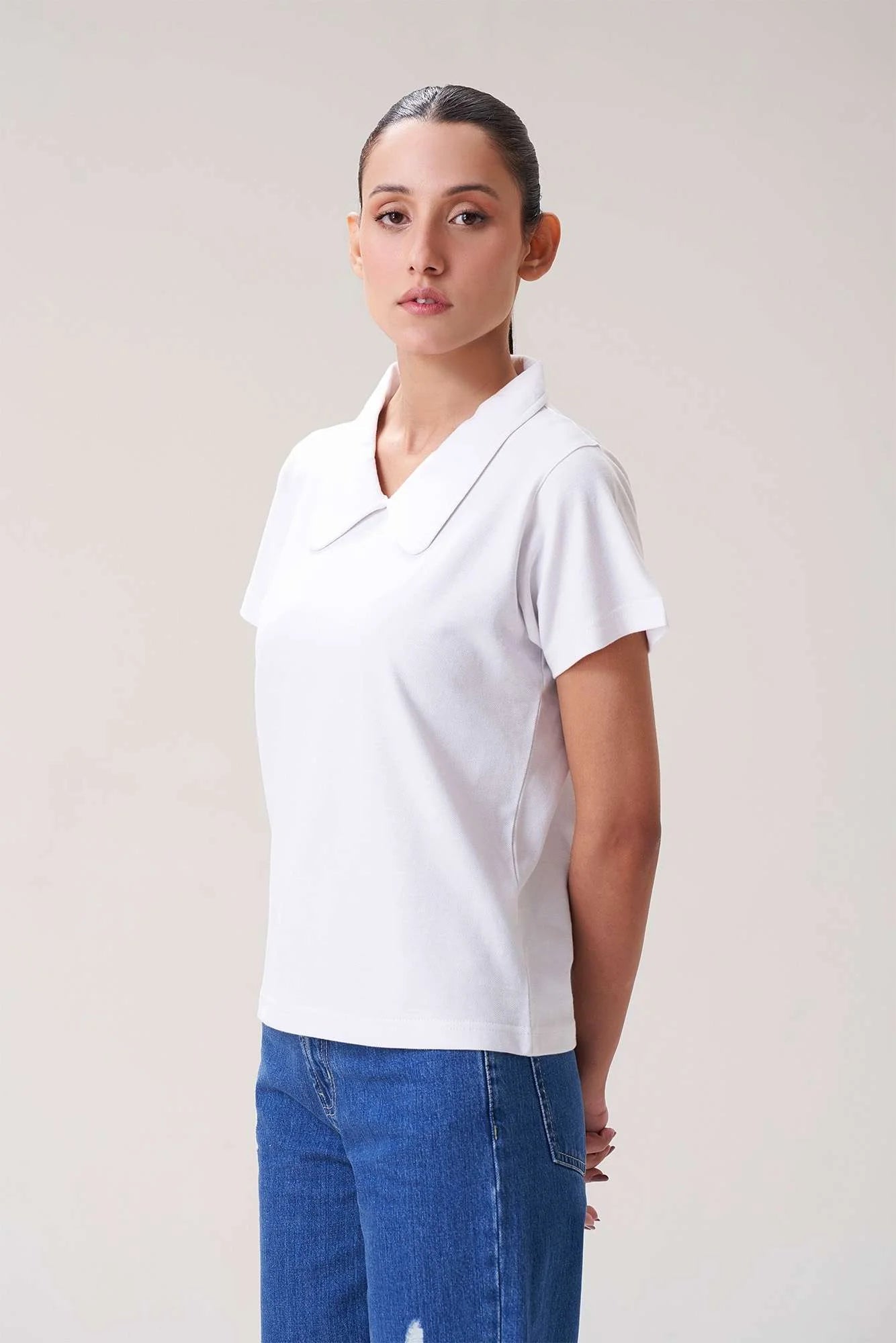 White Collared Short-Sleeve Top for Women