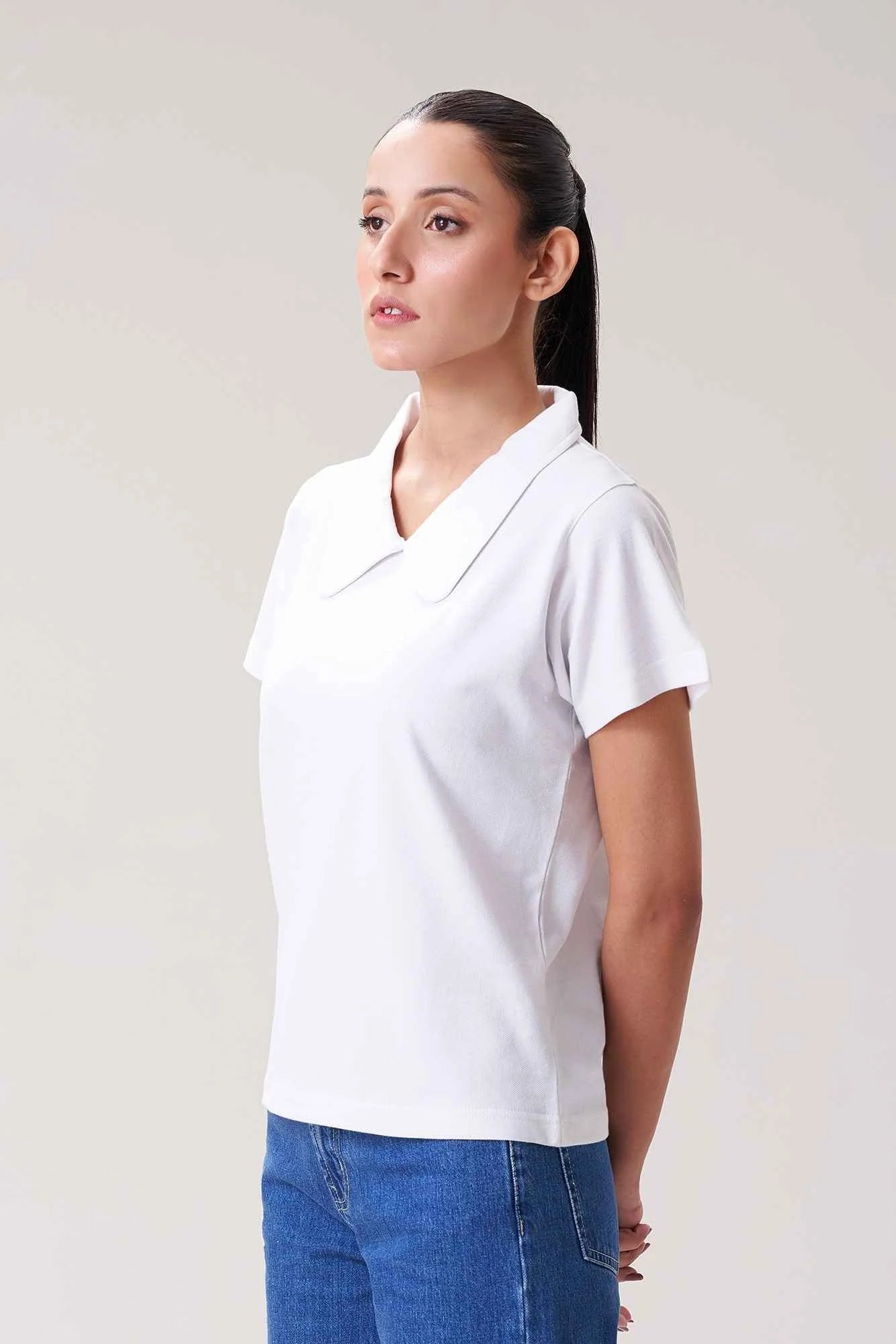 White Collared Short-Sleeve Top for Women