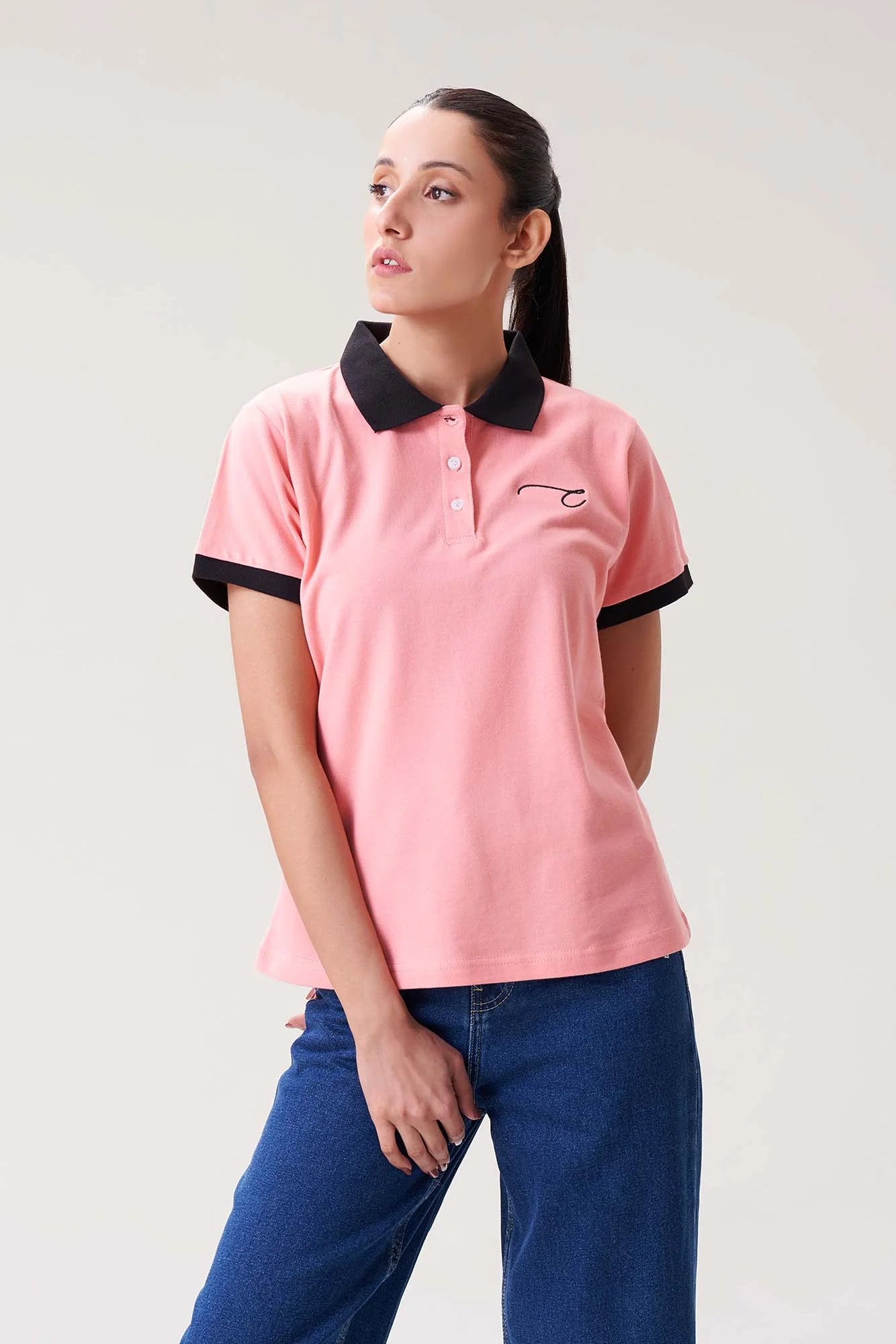 Soft Pink Polo Shirt with Black Collar for Women