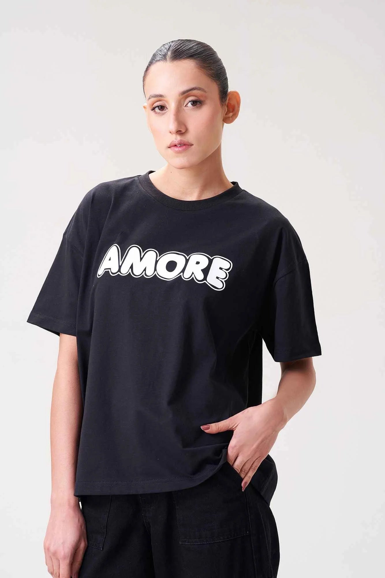 Stylish Black AMORE Printed Tee for Women