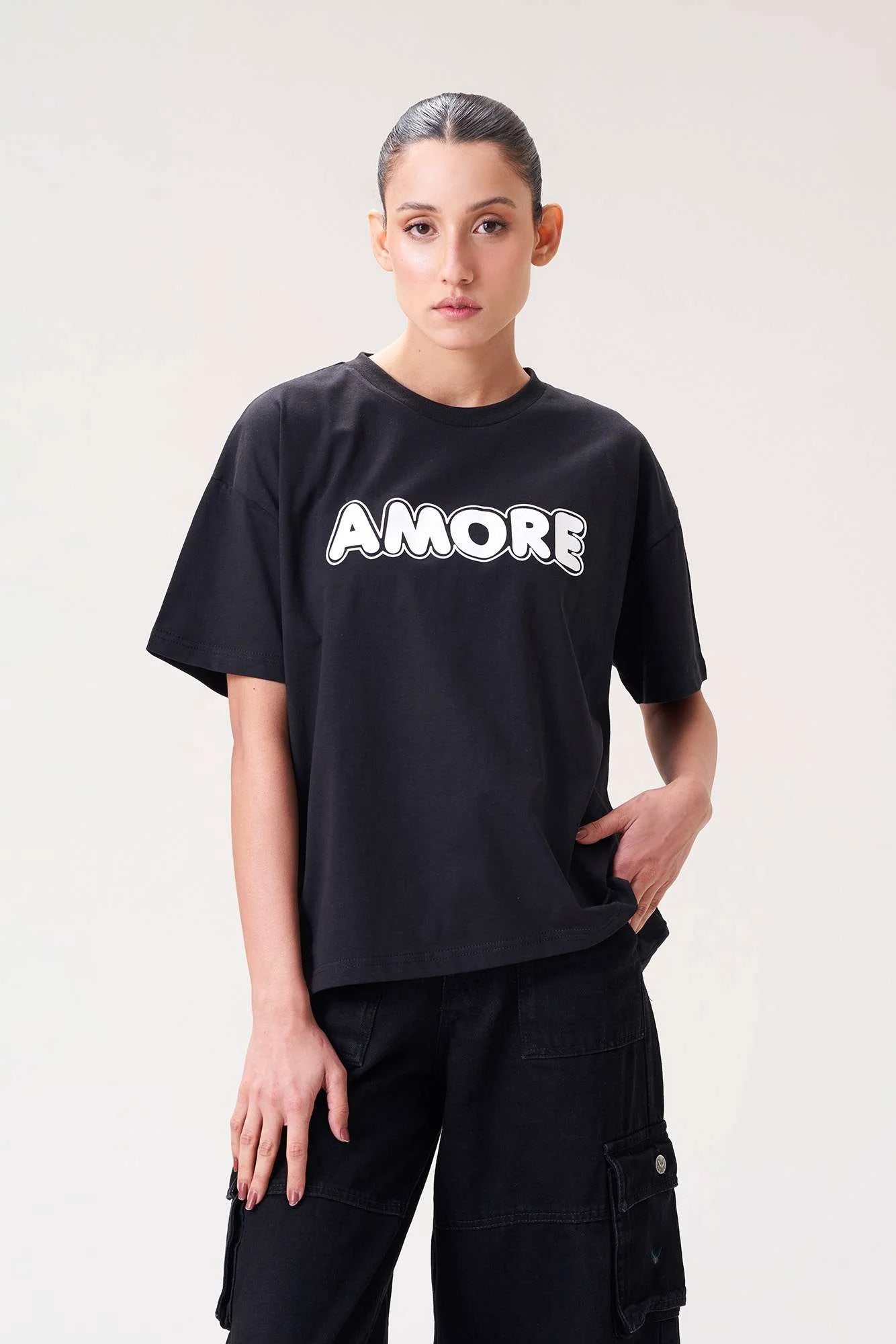 Stylish Black AMORE Printed Tee for Women