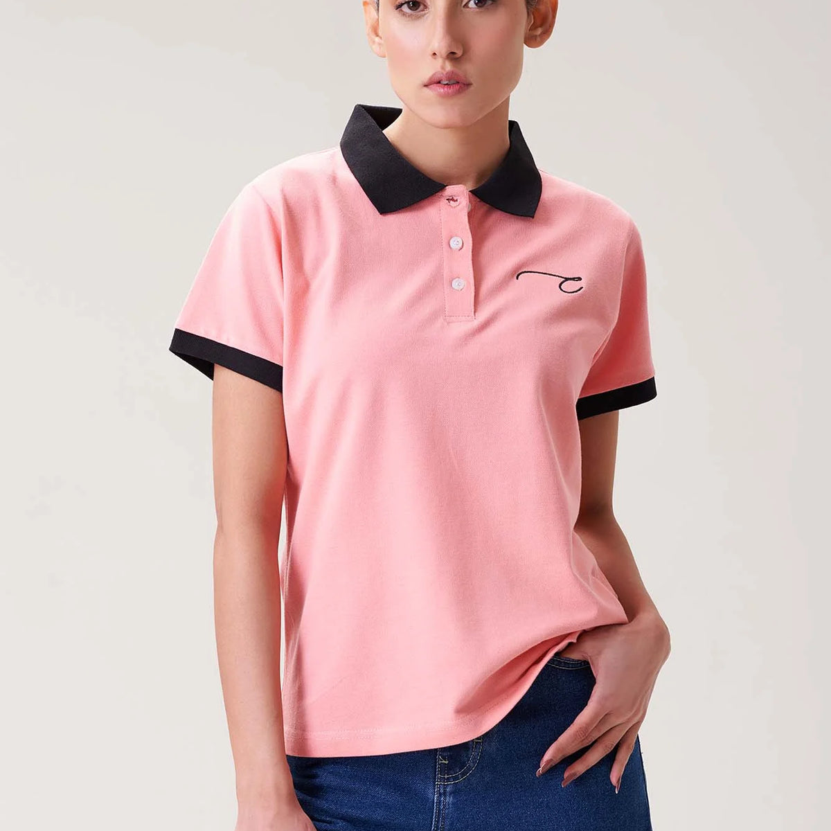 Soft Pink Polo Shirt with Black Collar for Women