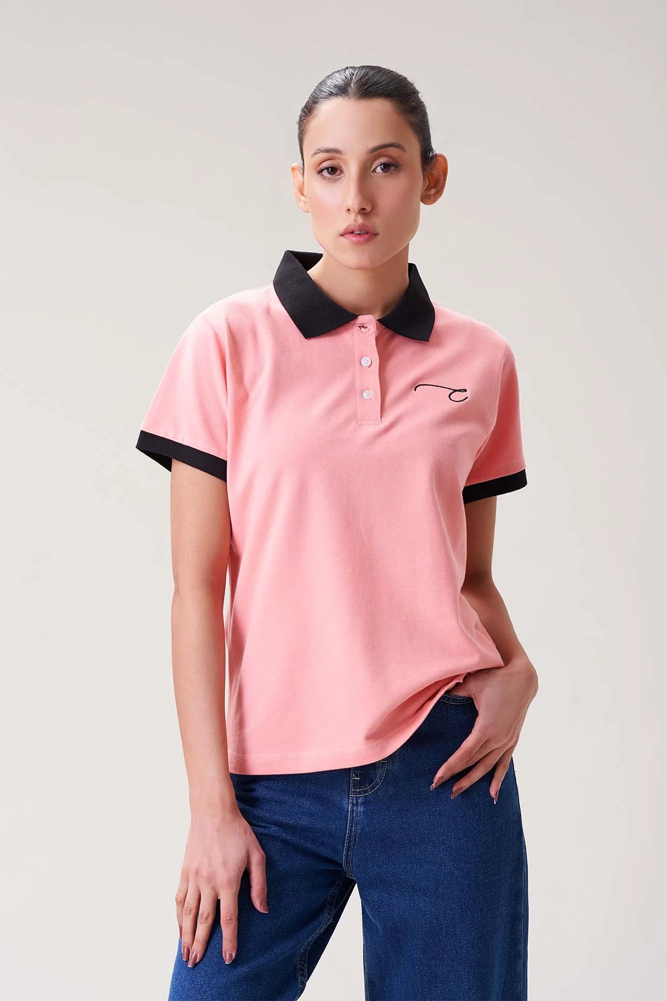 Soft Pink Polo Shirt with Black Collar for Women