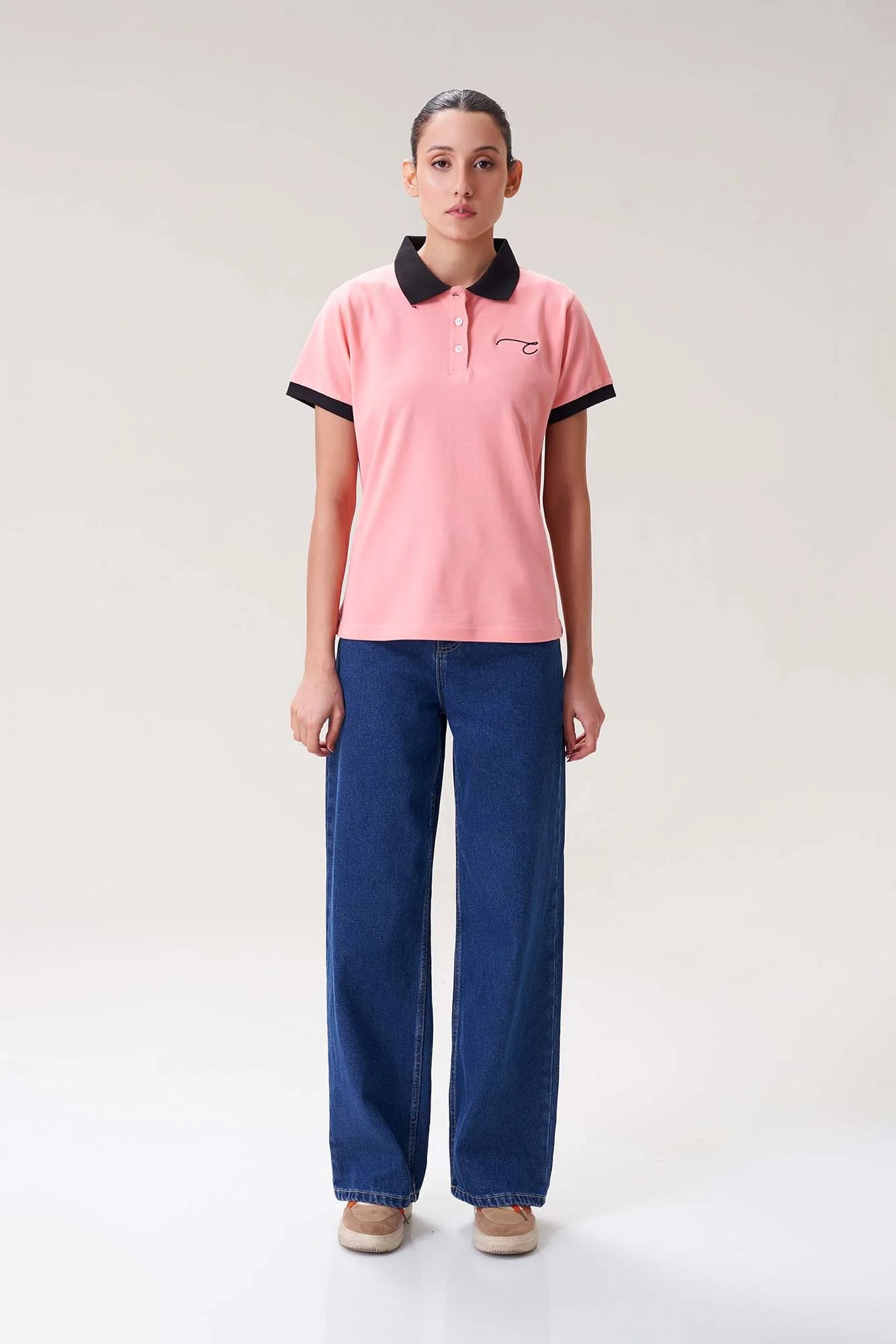 Soft Pink Polo Shirt with Black Collar for Women