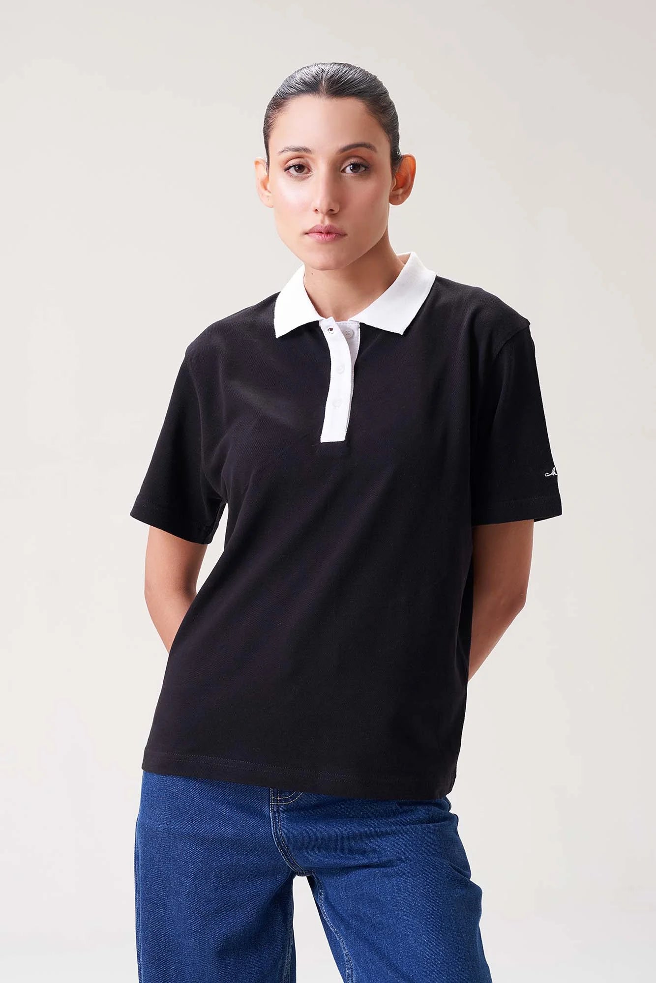 Black Polo Shirt with White Collar for Women