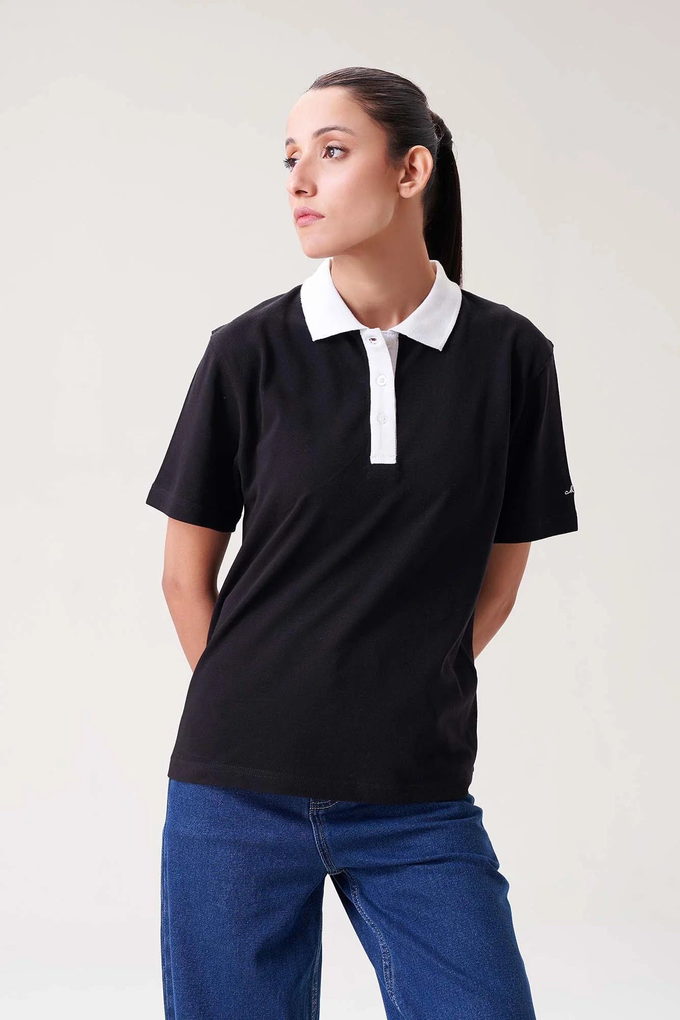 Black Polo Shirt with White Collar for Women