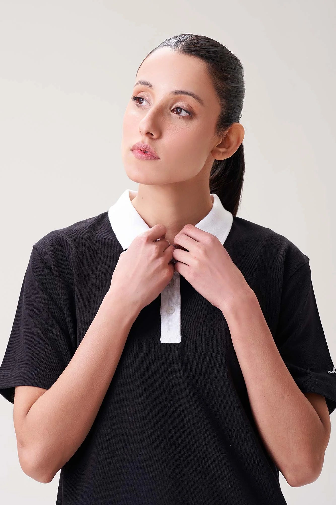 Black Polo Shirt with White Collar for Women