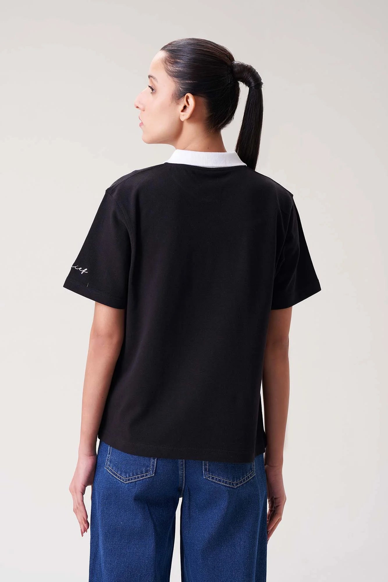 Black Polo Shirt with White Collar for Women