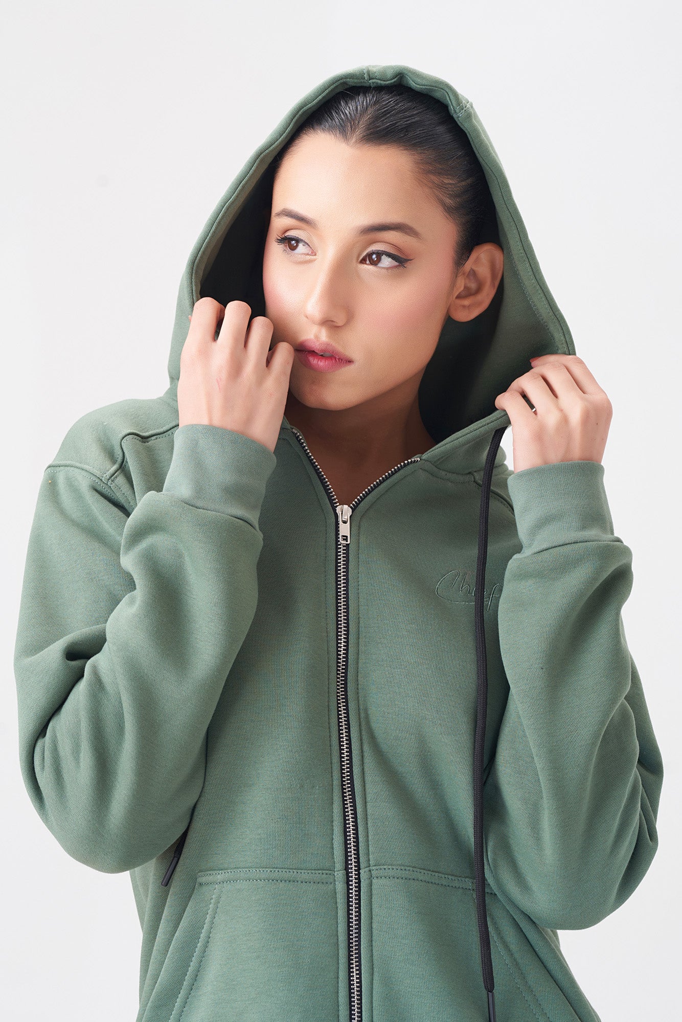 Casual Green Zip-Up Hoodie for Women